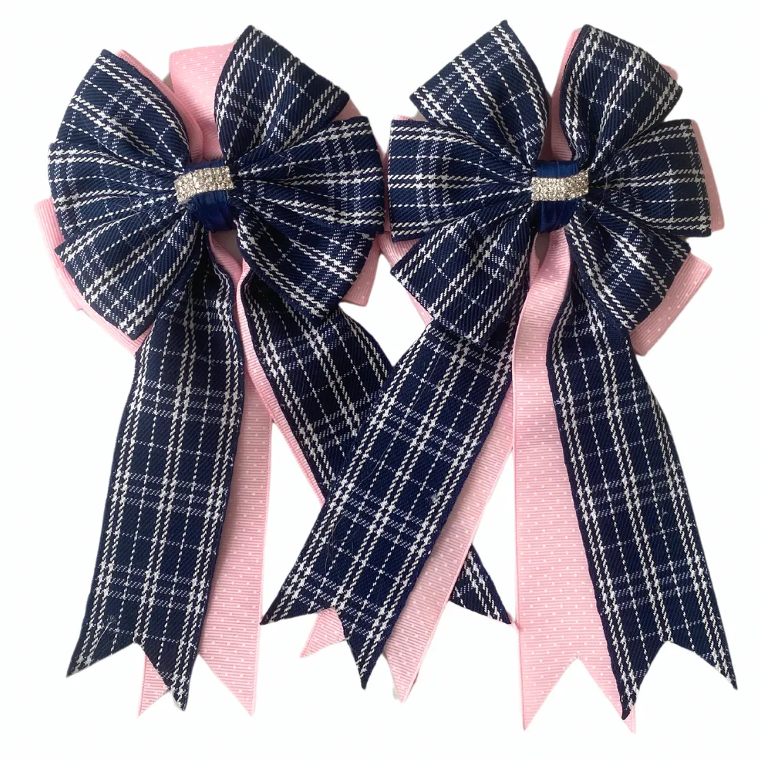 * Show Bows: Navy Plaid on Pink Swiss Dot