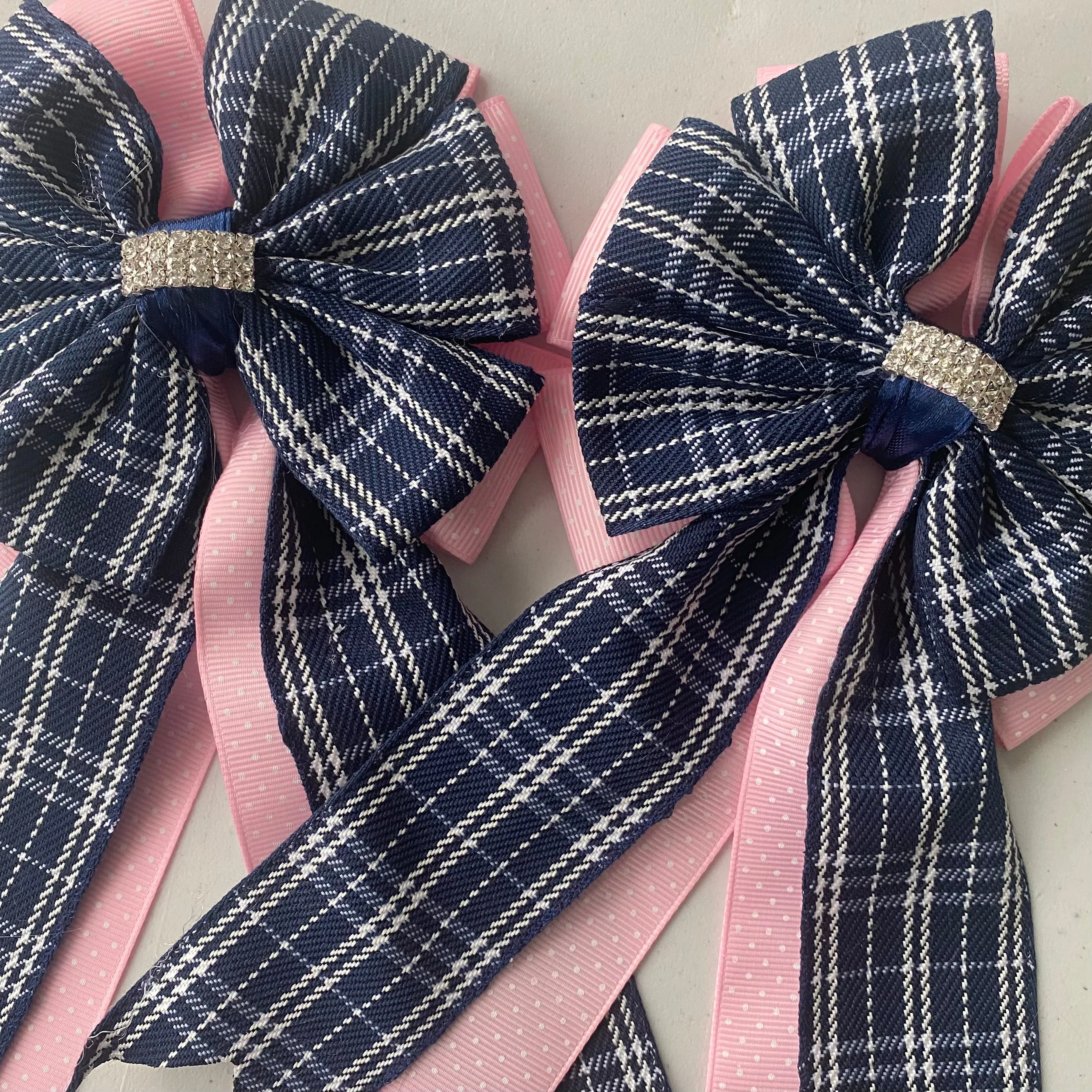 🫶 Show Bows: Navy Plaid on Pink Swiss Dot