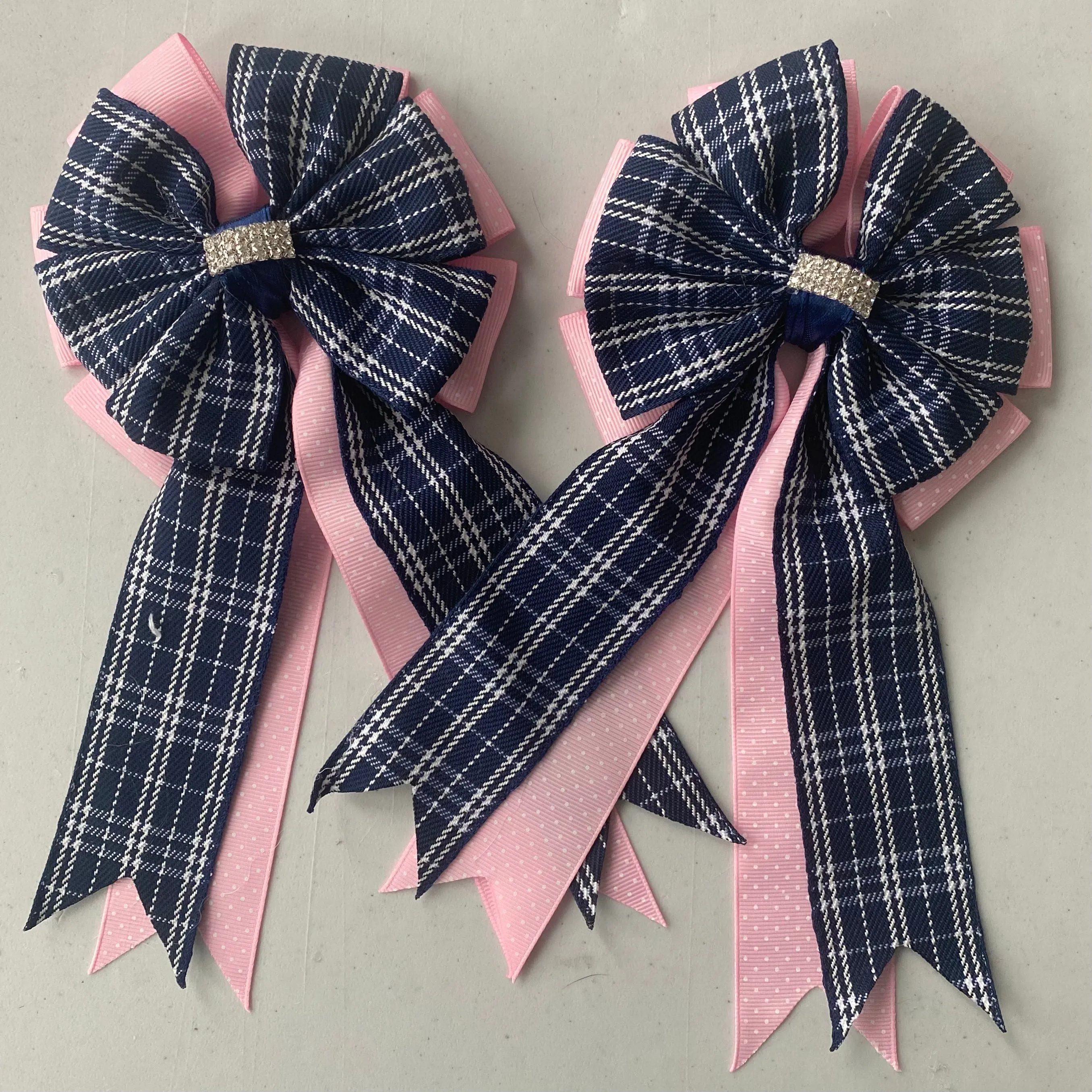 🫶 Show Bows: Navy Plaid on Pink Swiss Dot