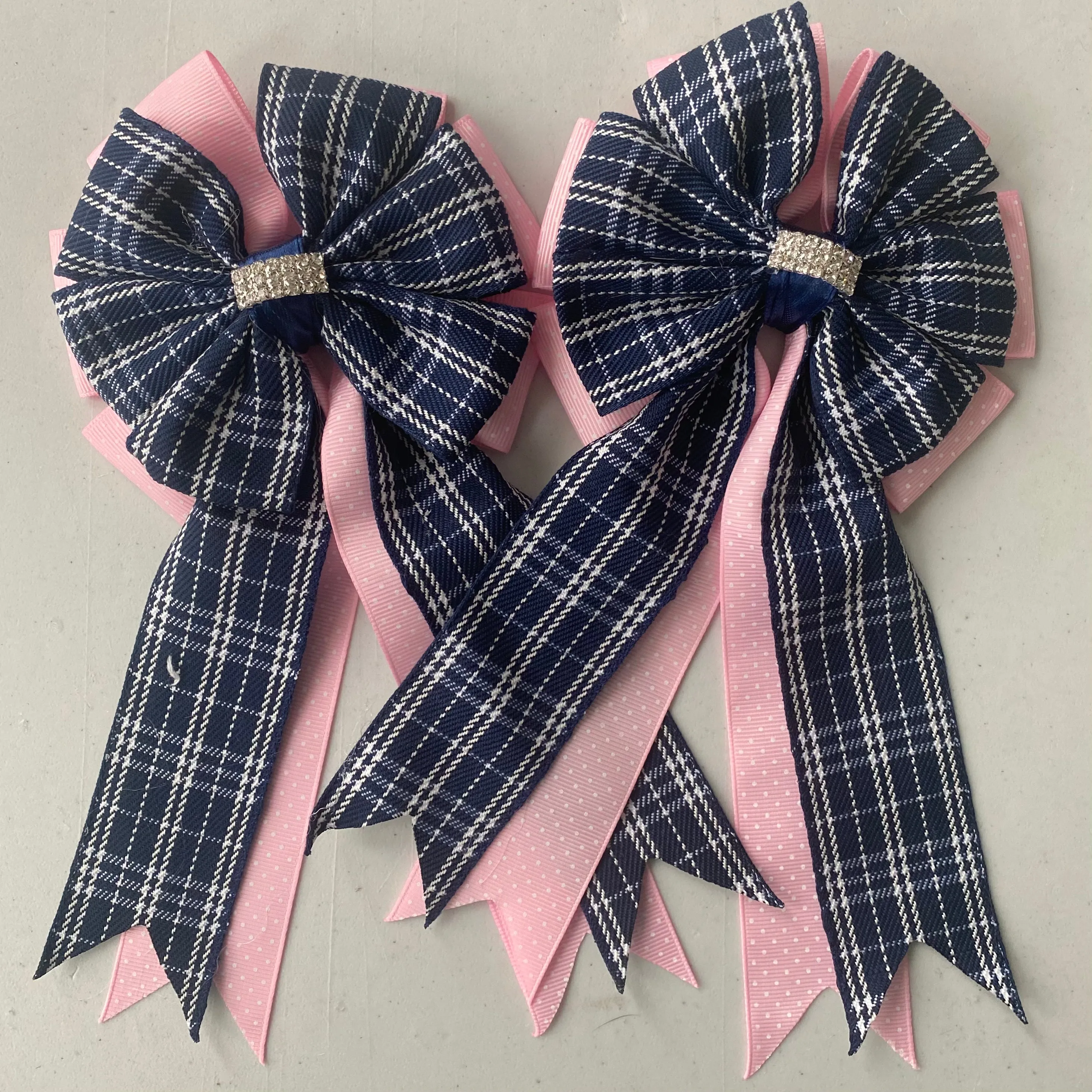 🫶 Show Bows: Navy Plaid on Pink Swiss Dot