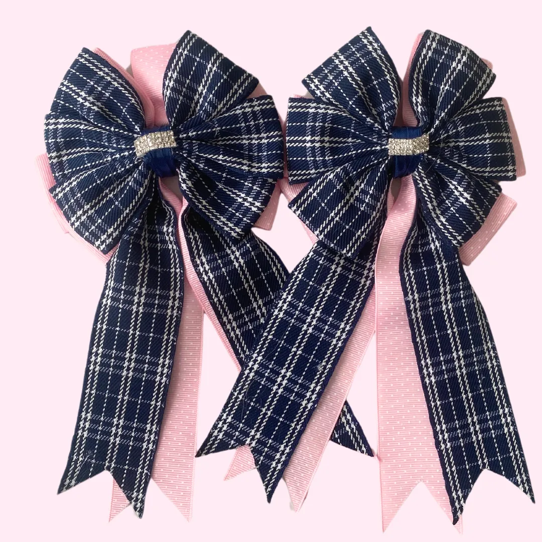 * Show Bows: Navy Plaid on Pink Swiss Dot