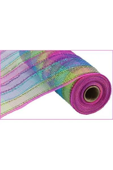 10" Poly Deco Tinsel Mesh Ribbon: Fuchsia, Purple, Lime, Turquoise Check (10 Yards)