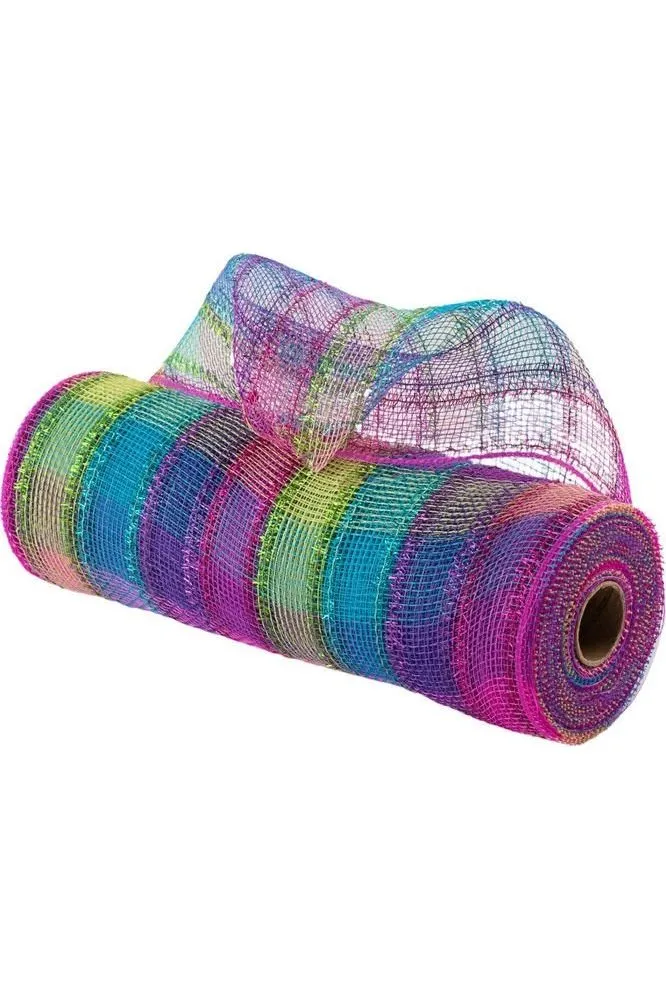 10" Poly Deco Tinsel Mesh Ribbon: Fuchsia, Purple, Lime, Turquoise Check (10 Yards)