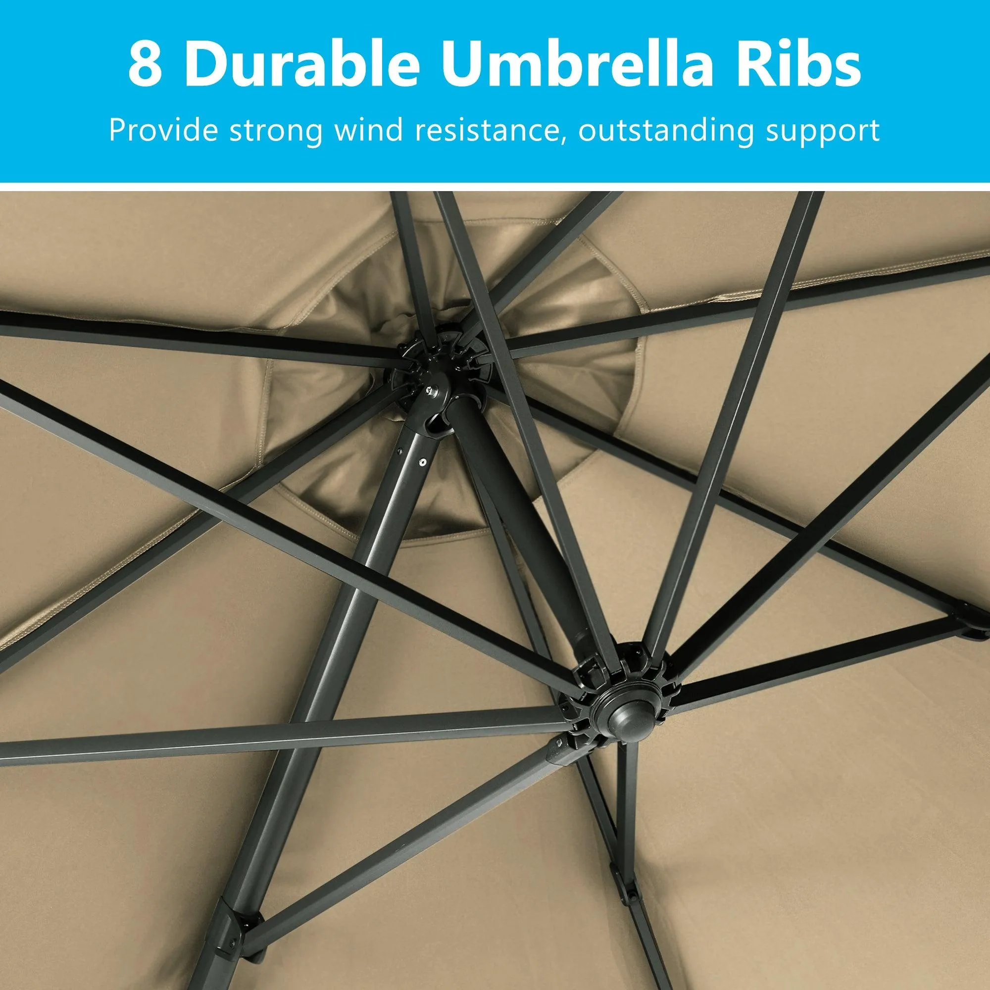 11 FT Khaki Round Cantilever Patio Umbrella, 360° Rotation & Tilt Adjustment (Base Not Included)