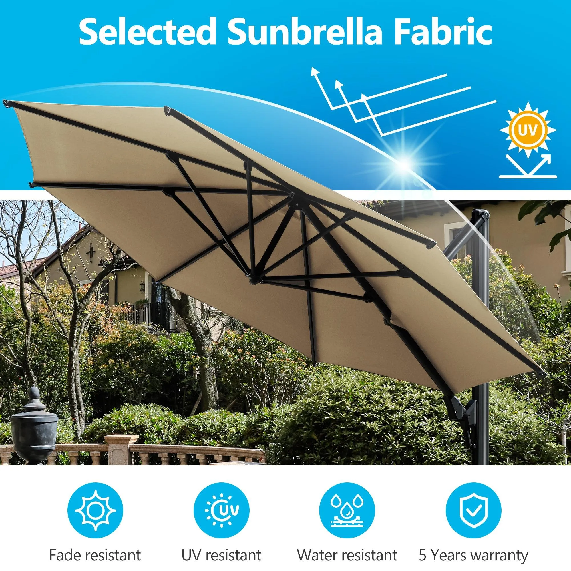 11 FT Khaki Round Cantilever Patio Umbrella, 360° Rotation & Tilt Adjustment (Base Not Included)