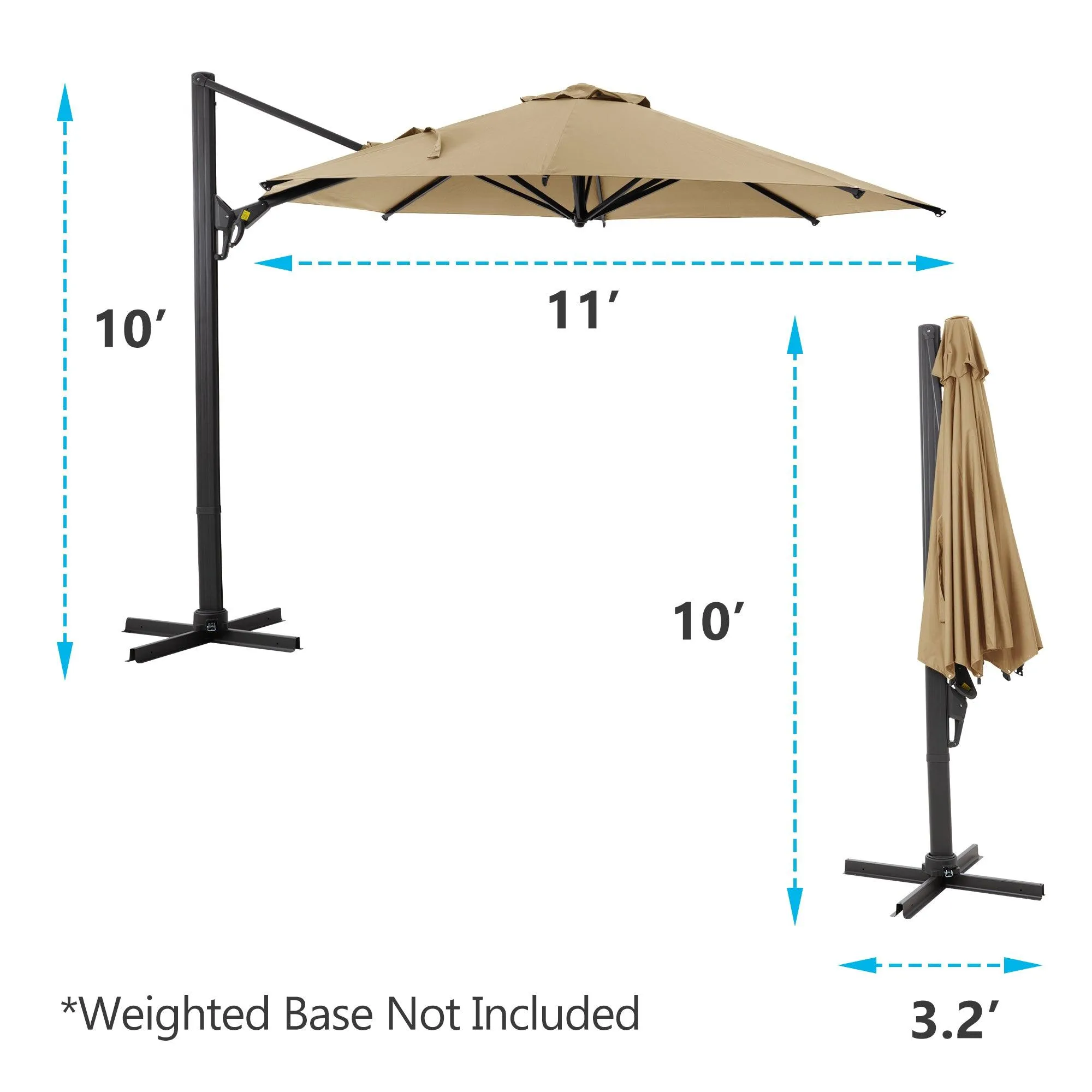 11 FT Khaki Round Cantilever Patio Umbrella, 360° Rotation & Tilt Adjustment (Base Not Included)