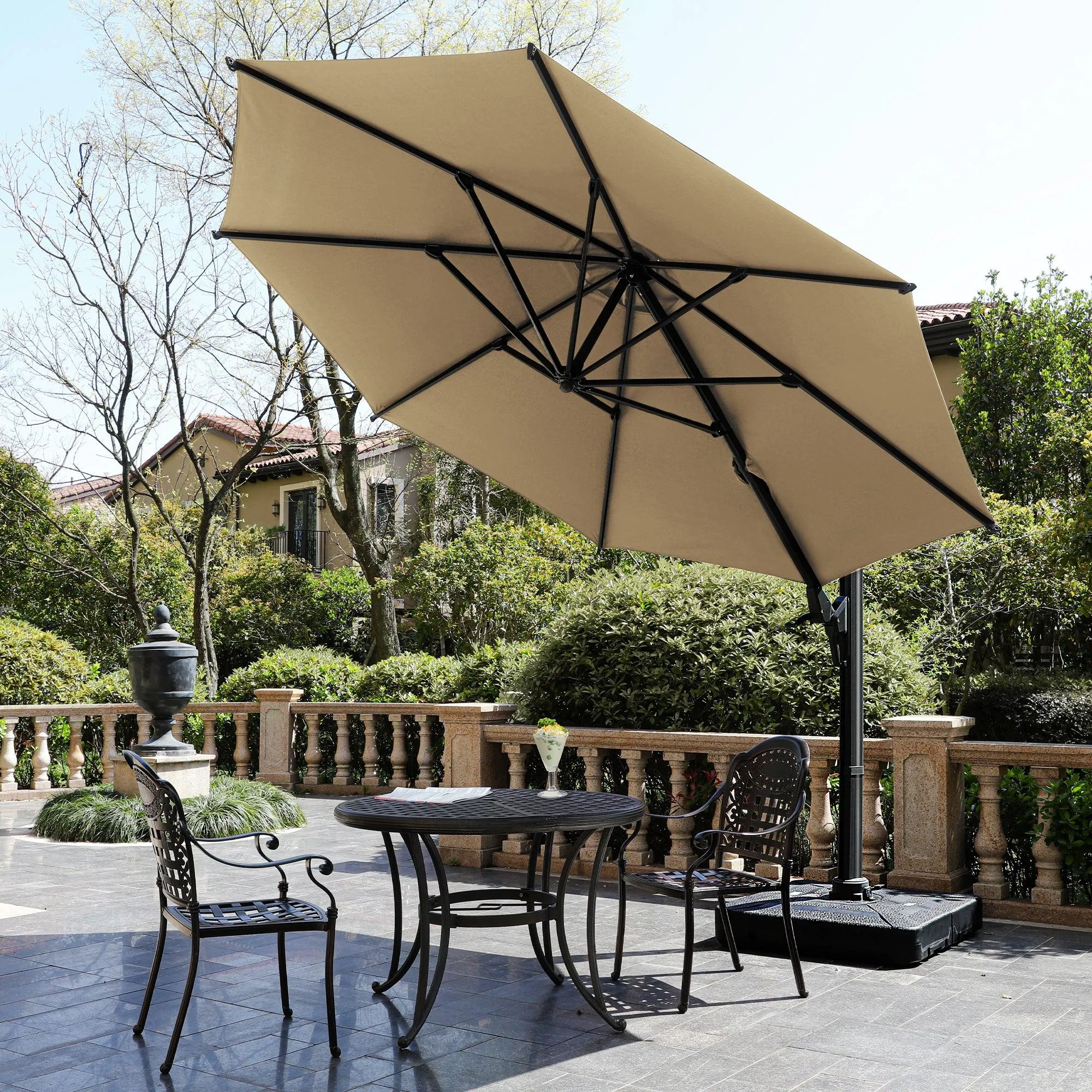 11 FT Khaki Round Cantilever Patio Umbrella, 360° Rotation & Tilt Adjustment (Base Not Included)