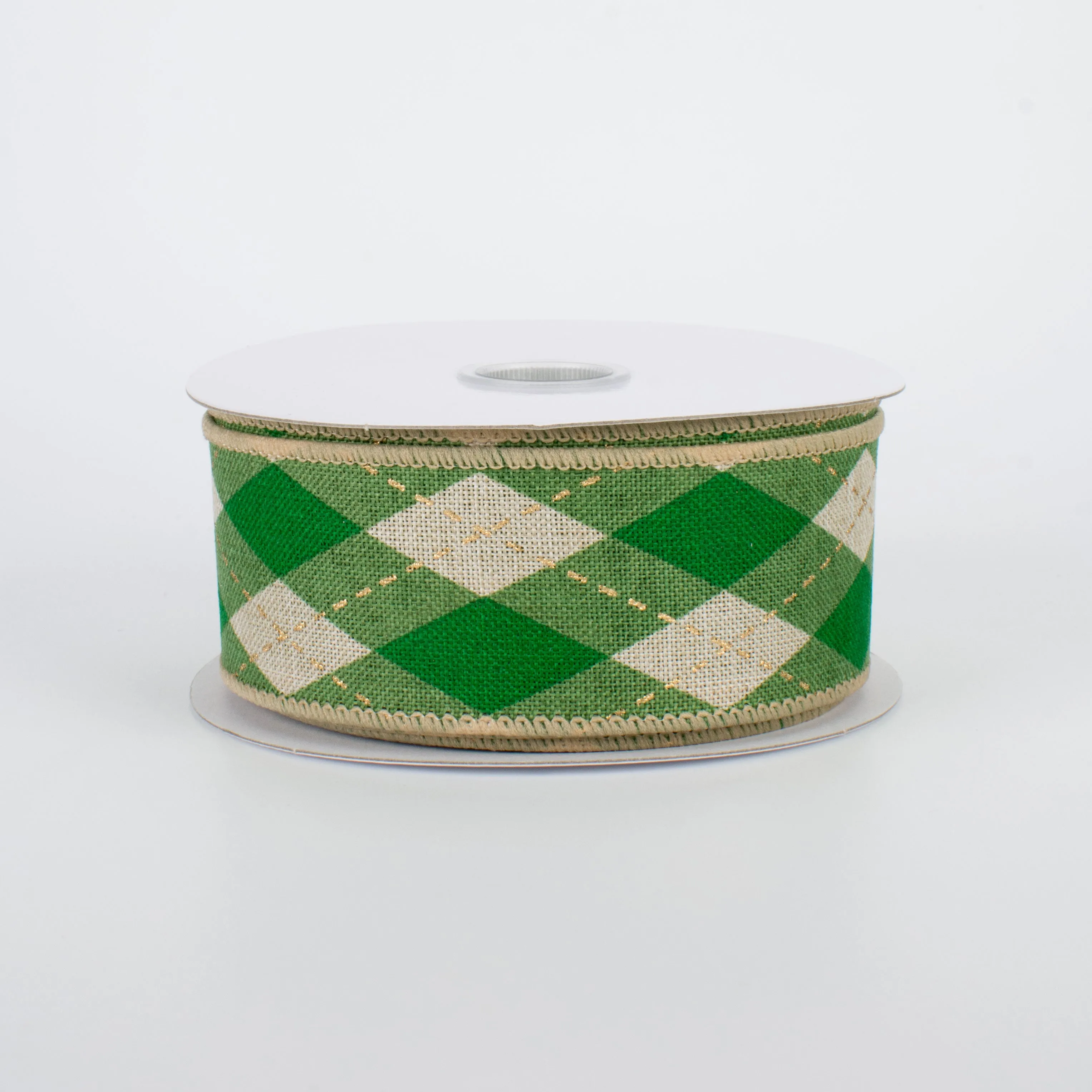 1.5" Argyle Plaid Ribbon: Green & Natural (10 Yards)