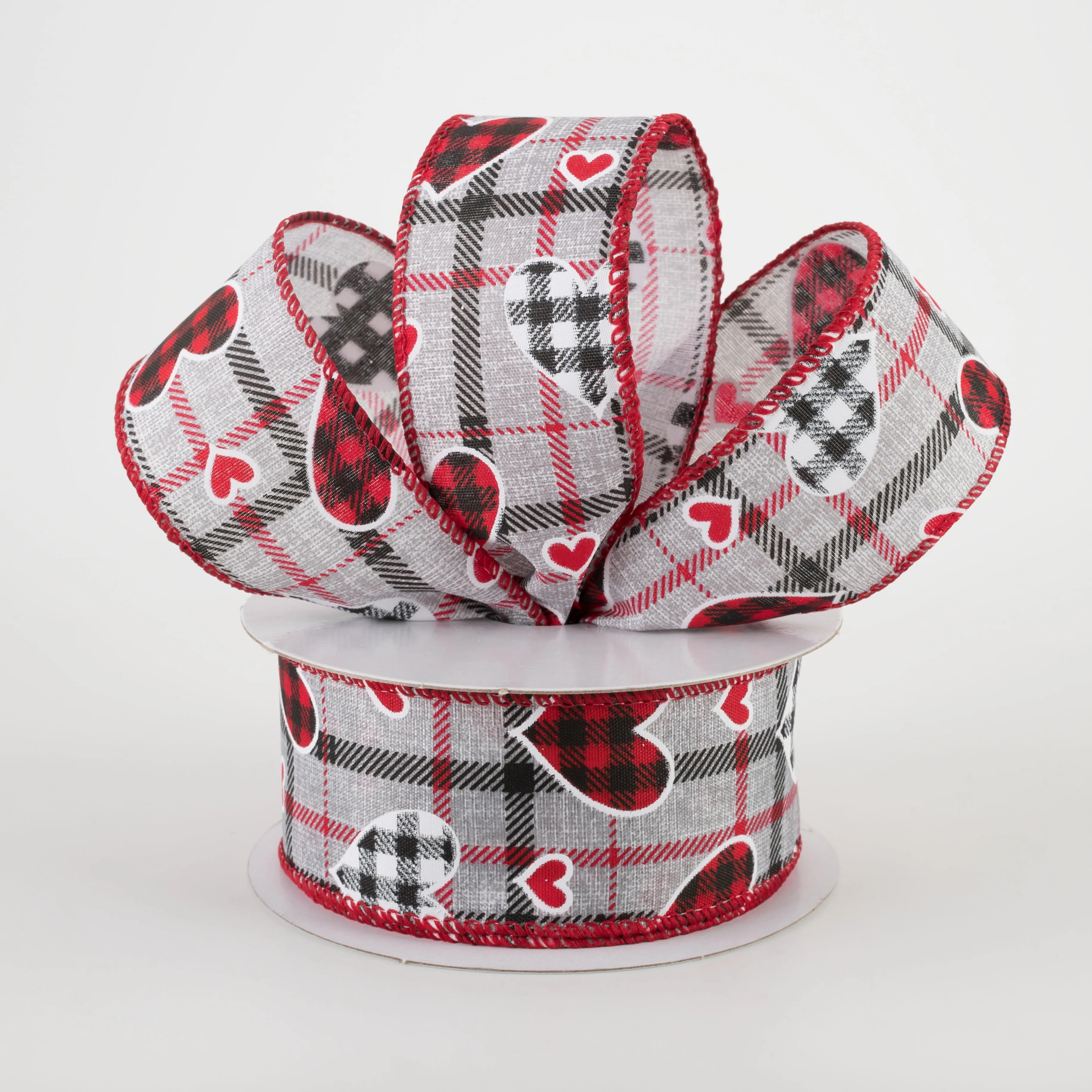 1.5" Buffalo Plaid Hearts on Plaid Ribbon: Grey, Black, Red (10 Yards)