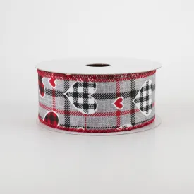 1.5" Buffalo Plaid Hearts on Plaid Ribbon: Grey, Black, Red (10 Yards)