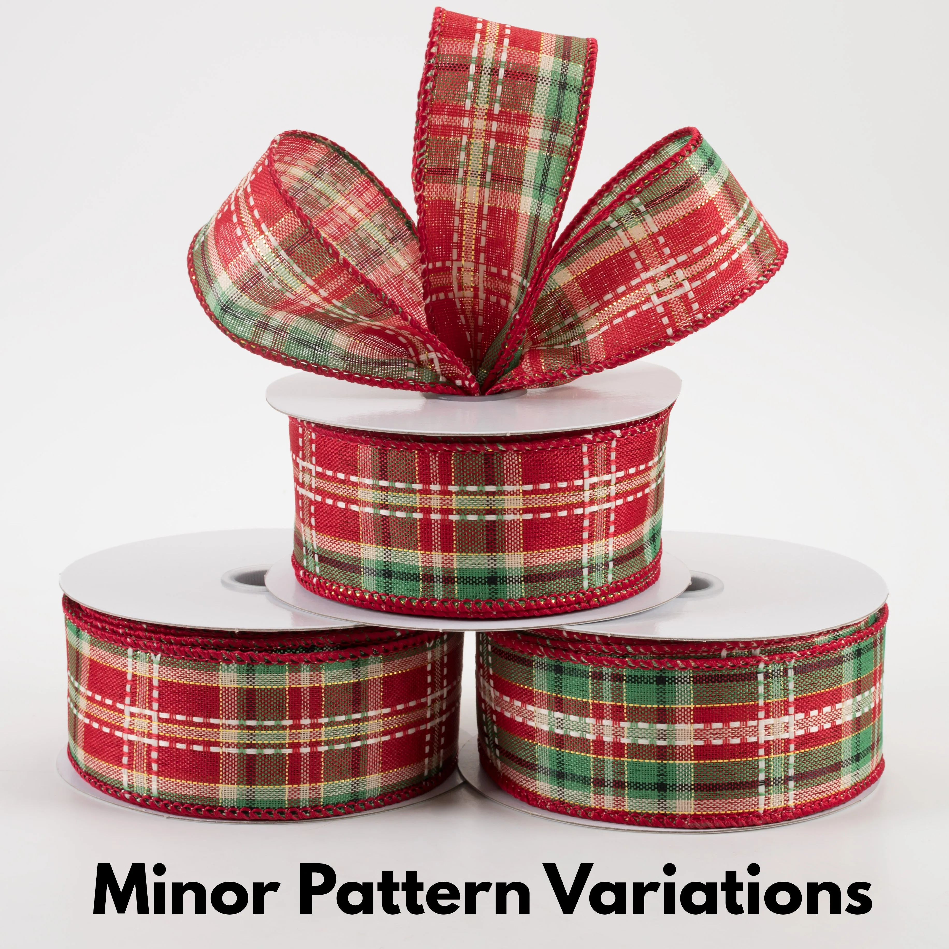 1.5" Dash Stitch Plaid Ribbon: Red, Green, White, Natural (10 Yards)