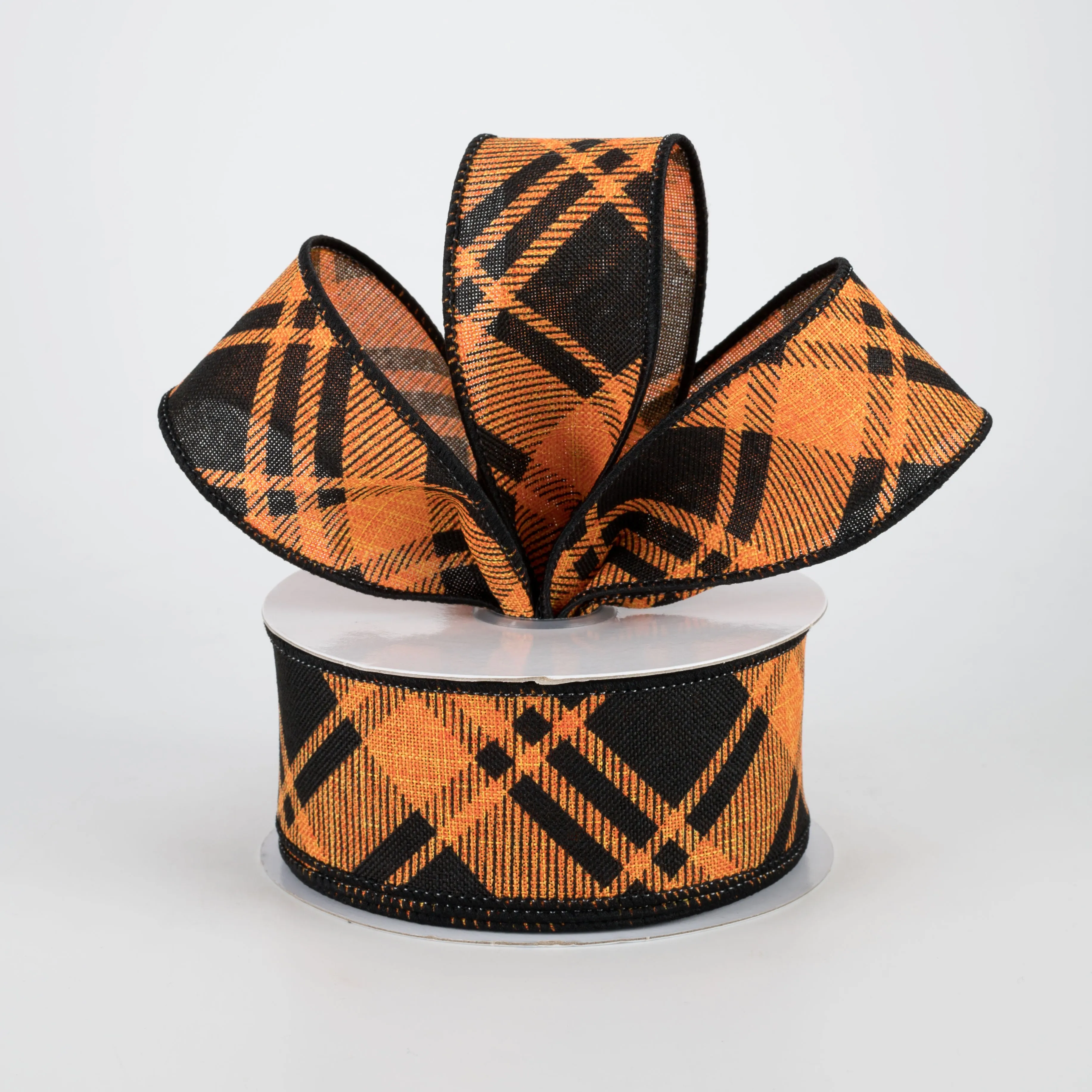 1.5" Diagonal Stripe Check Ribbon: Orange & Black (10 Yards)