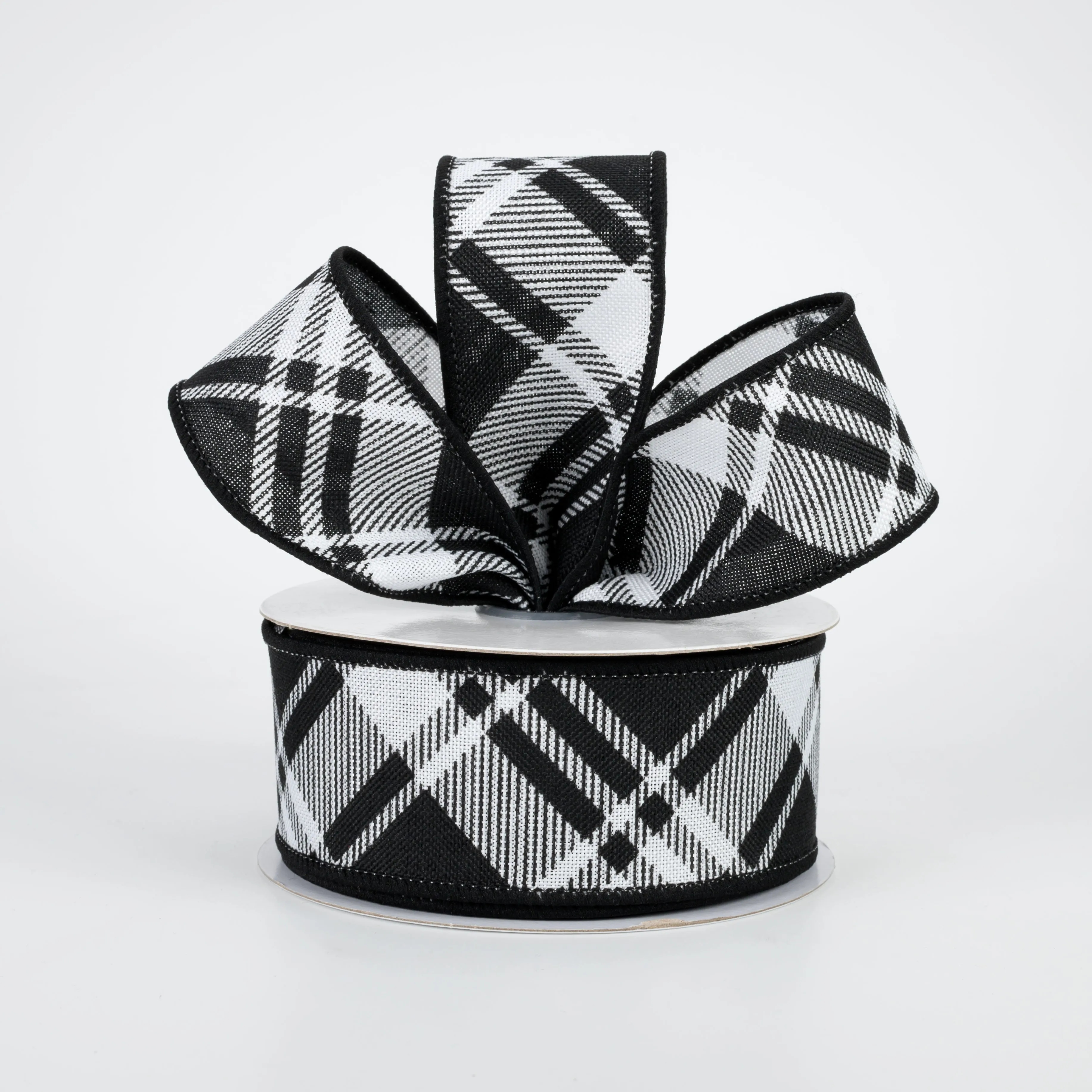 1.5" Diagonal Stripe Check Ribbon: White & Black (10 Yards)