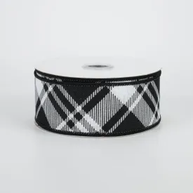 1.5" Diagonal Stripe Check Ribbon: White & Black (10 Yards)