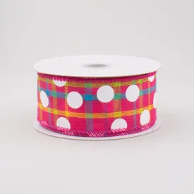 1.5" Fuchsia Spring Plaid White Polka Dot Ribbon (10 Yards)