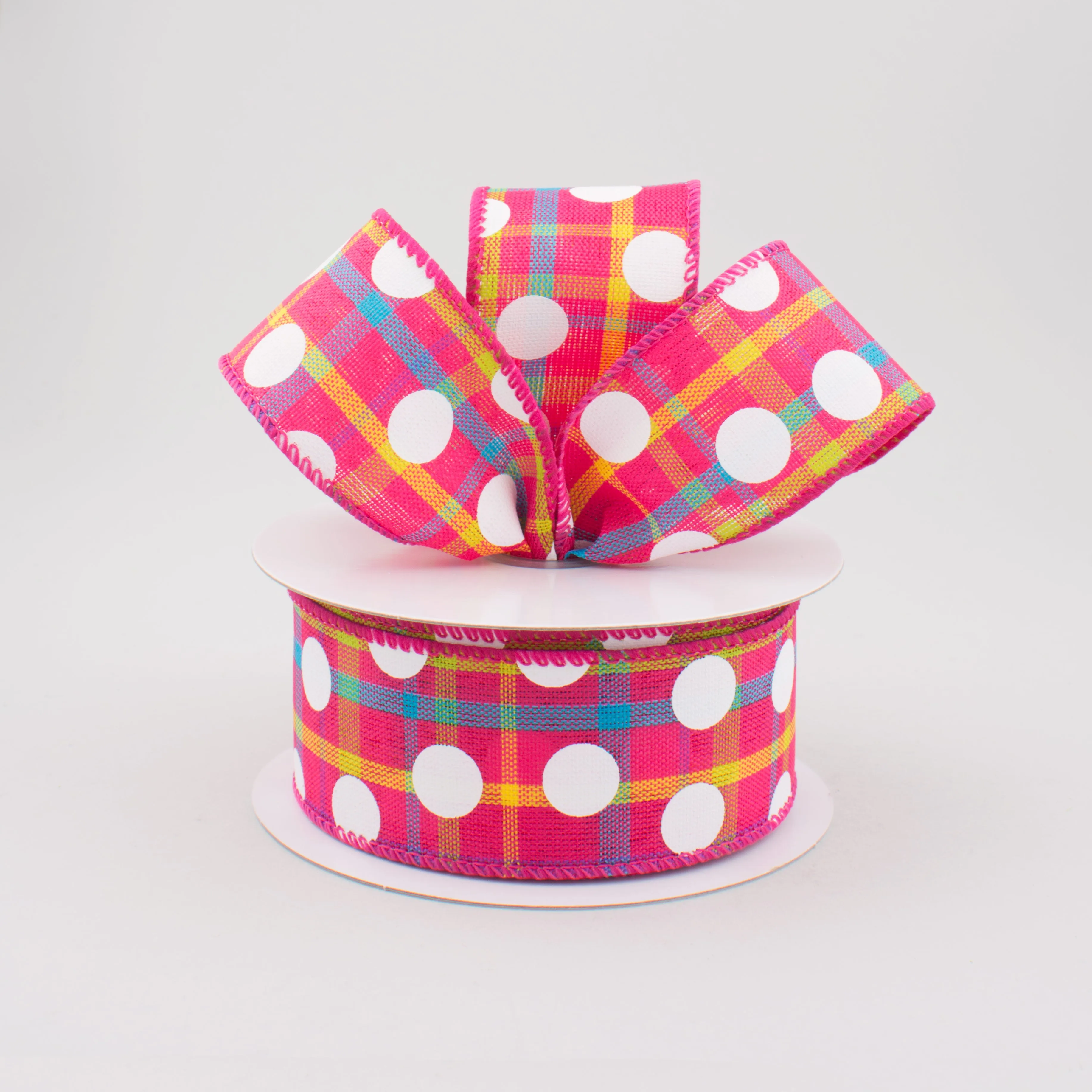 1.5" Fuchsia Spring Plaid White Polka Dot Ribbon (10 Yards)