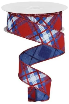 1.5" Glitter Plaid Royal Ribbon: Royal Blue, Red & White