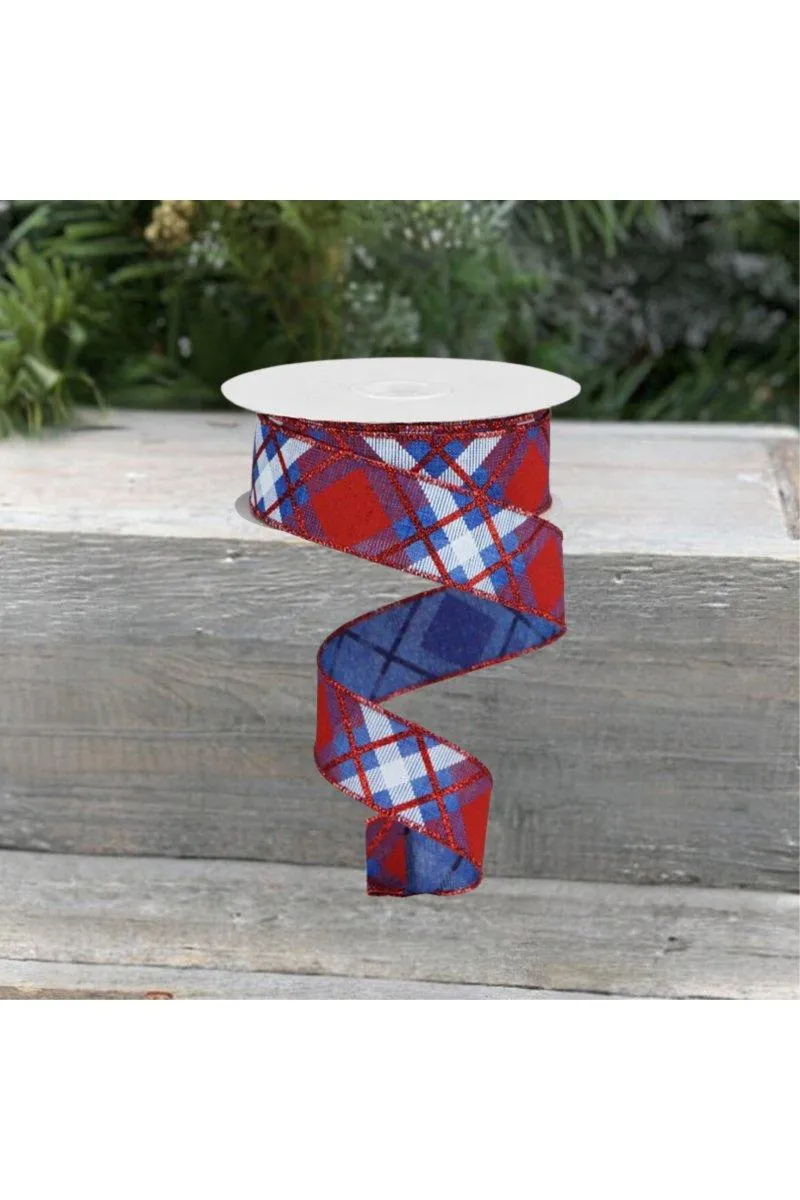 1.5" Glitter Plaid Royal Ribbon: Royal Blue, Red & White