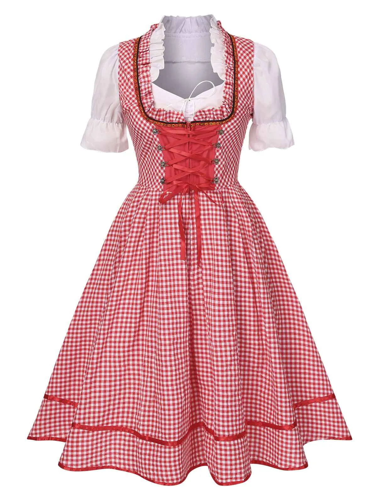 2PCS 1950s Oktoberfest White Top & Red Plaid Dress & Red Apron