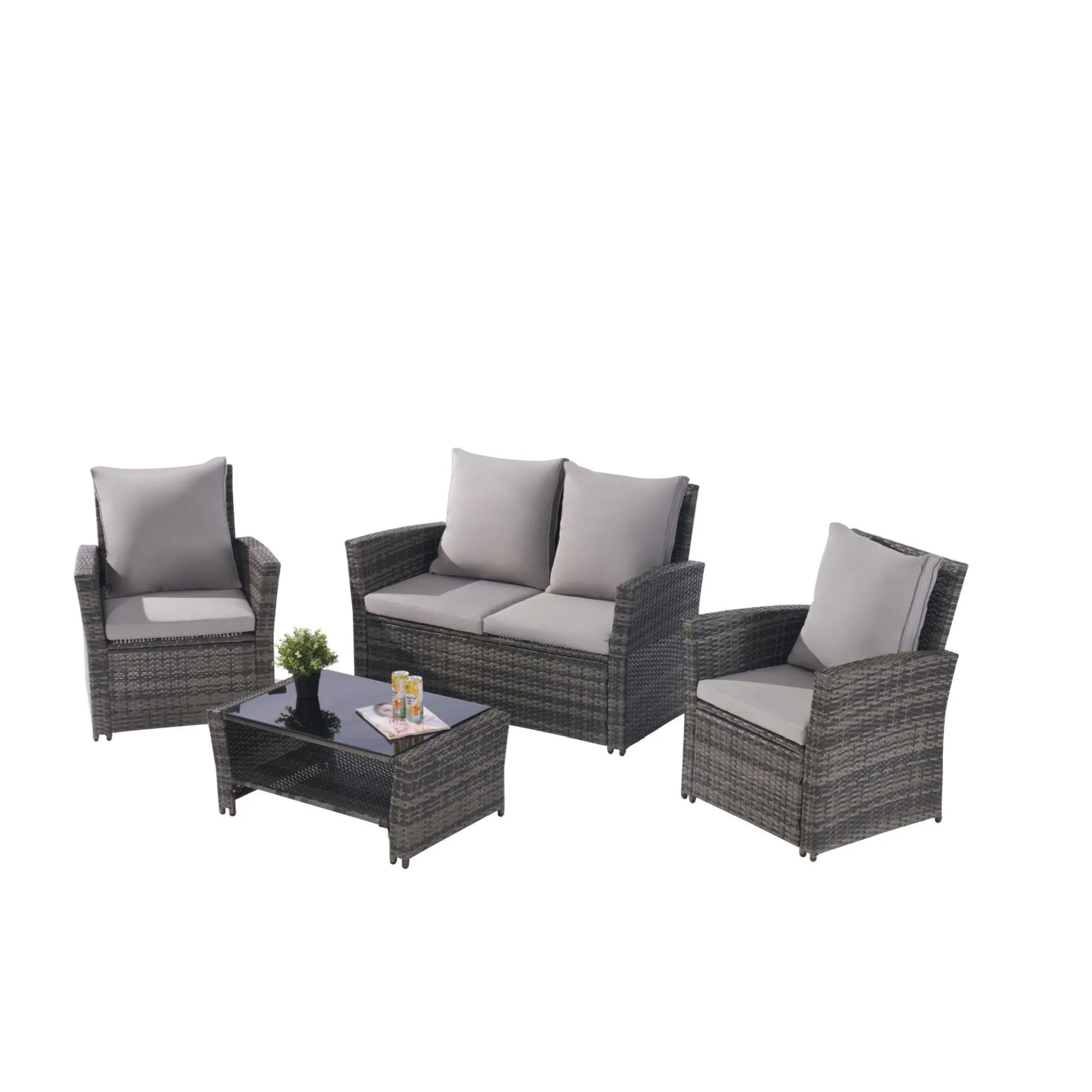 4-Piece Outdoor Patio Furniture Set, Garden Rattan Chairs with Tempered Glass Coffee Table, Poolside Porch Furniture