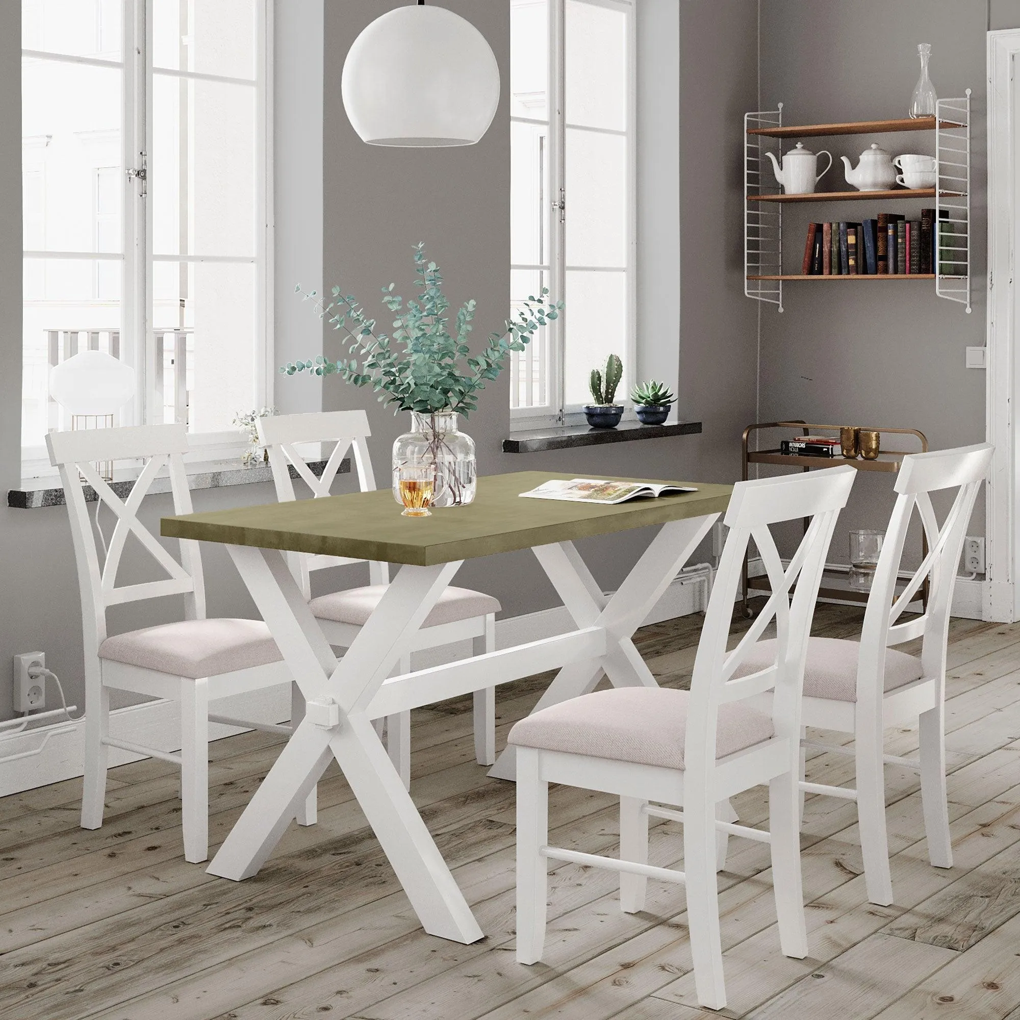 5 Pieces Farmhouse Rustic Wood Kitchen Dining Table Set with Upholstered 4 X-back Chairs, Gray Green White Beige