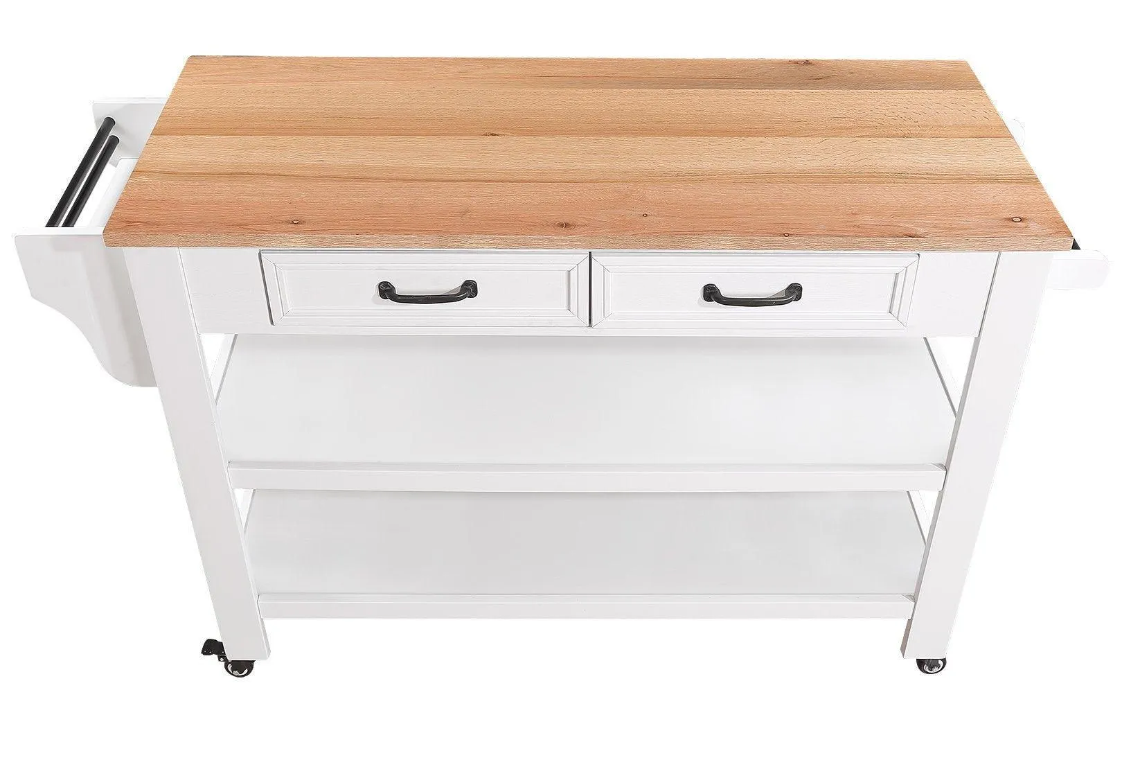 57" Rolling Kitchen Island with Oak Top, 2 Drawers, Wine & Spice Rack, Two-Sided, Milk White   Natural