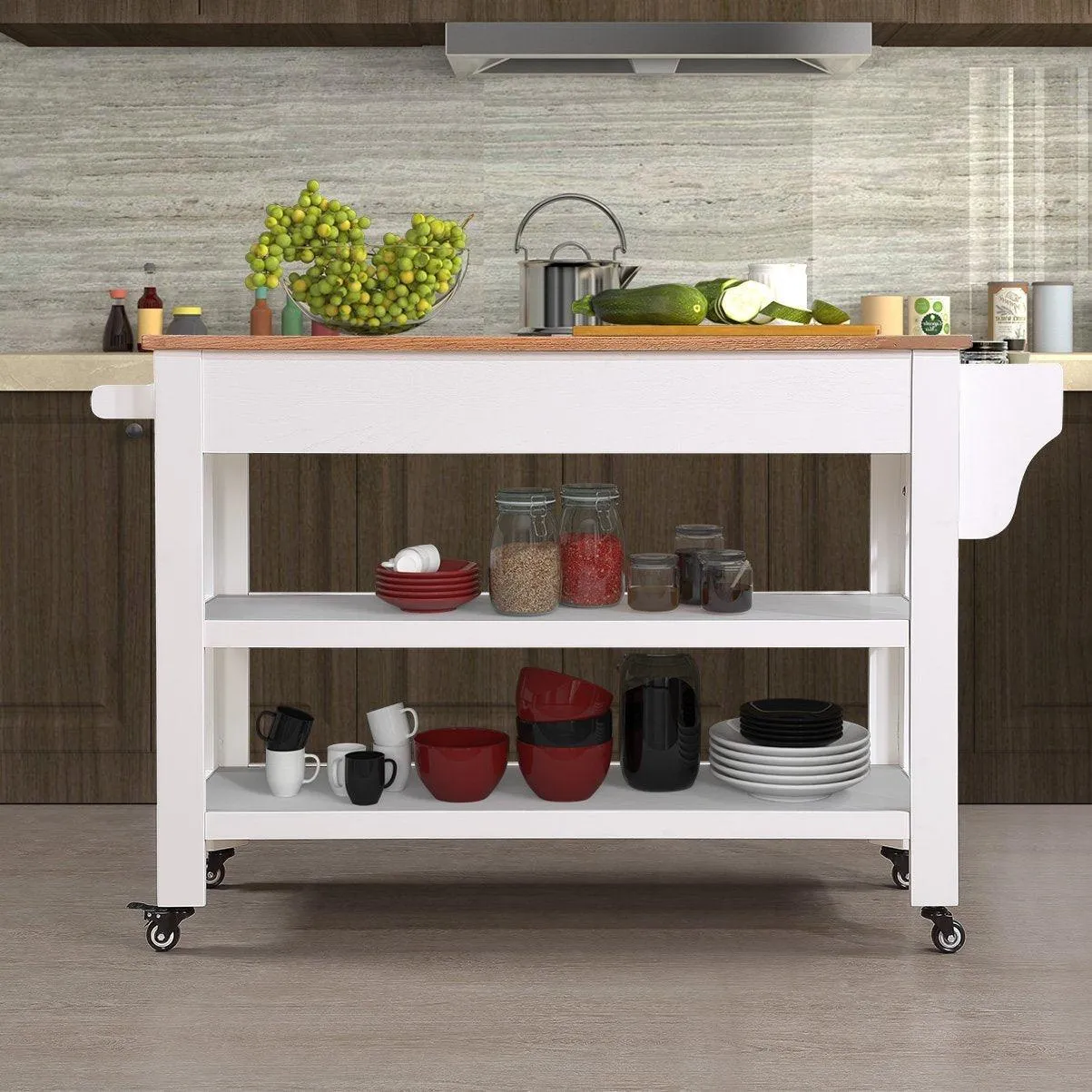 57" Rolling Kitchen Island with Oak Top, 2 Drawers, Wine & Spice Rack, Two-Sided, Milk White   Natural