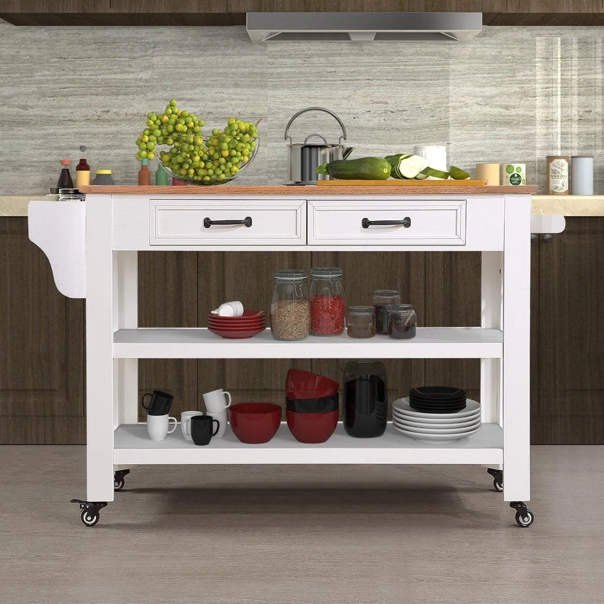 57" Rolling Kitchen Island with Oak Top, 2 Drawers, Wine & Spice Rack, Two-Sided, Milk White   Natural