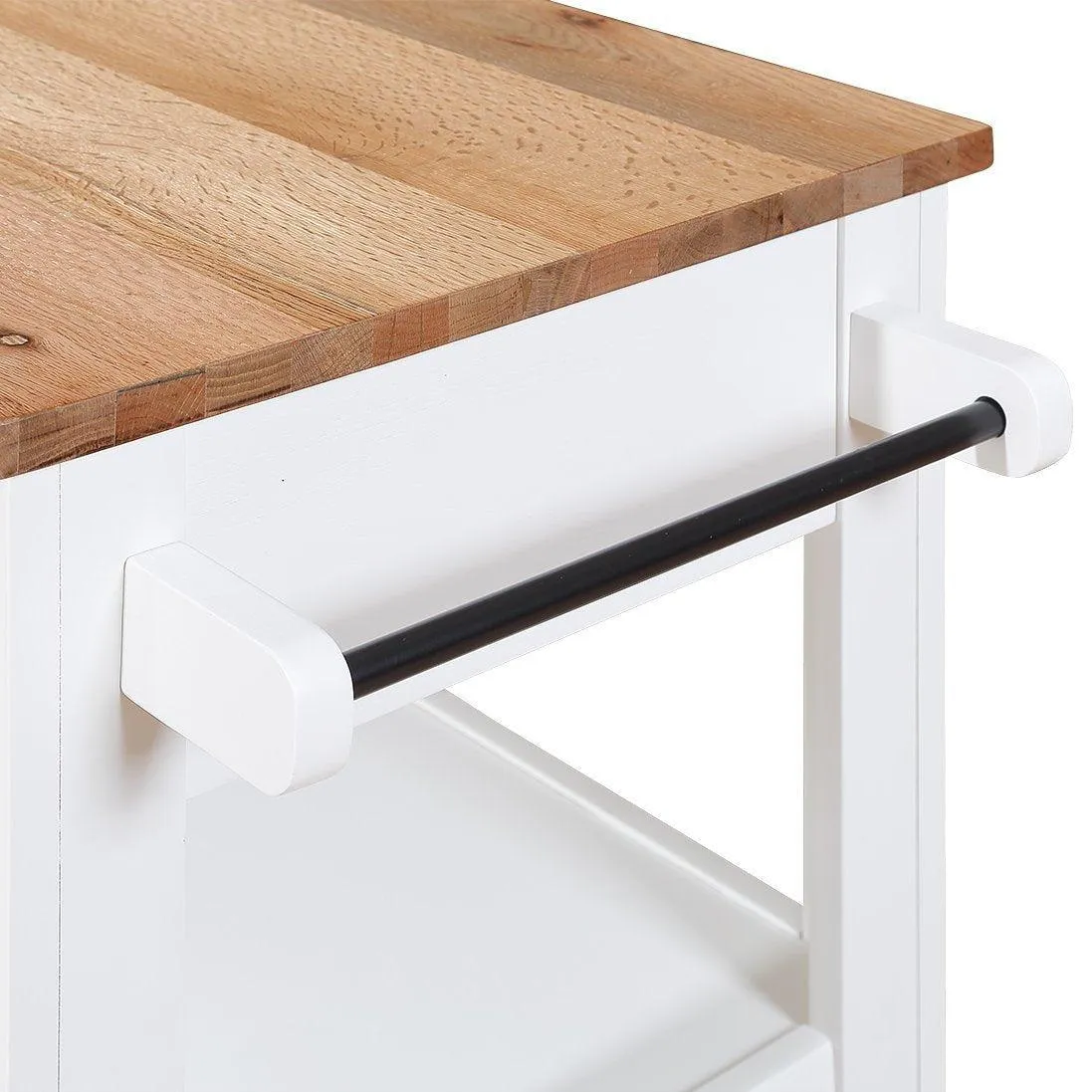 57" Rolling Kitchen Island with Oak Top, 2 Drawers, Wine & Spice Rack, Two-Sided, Milk White   Natural