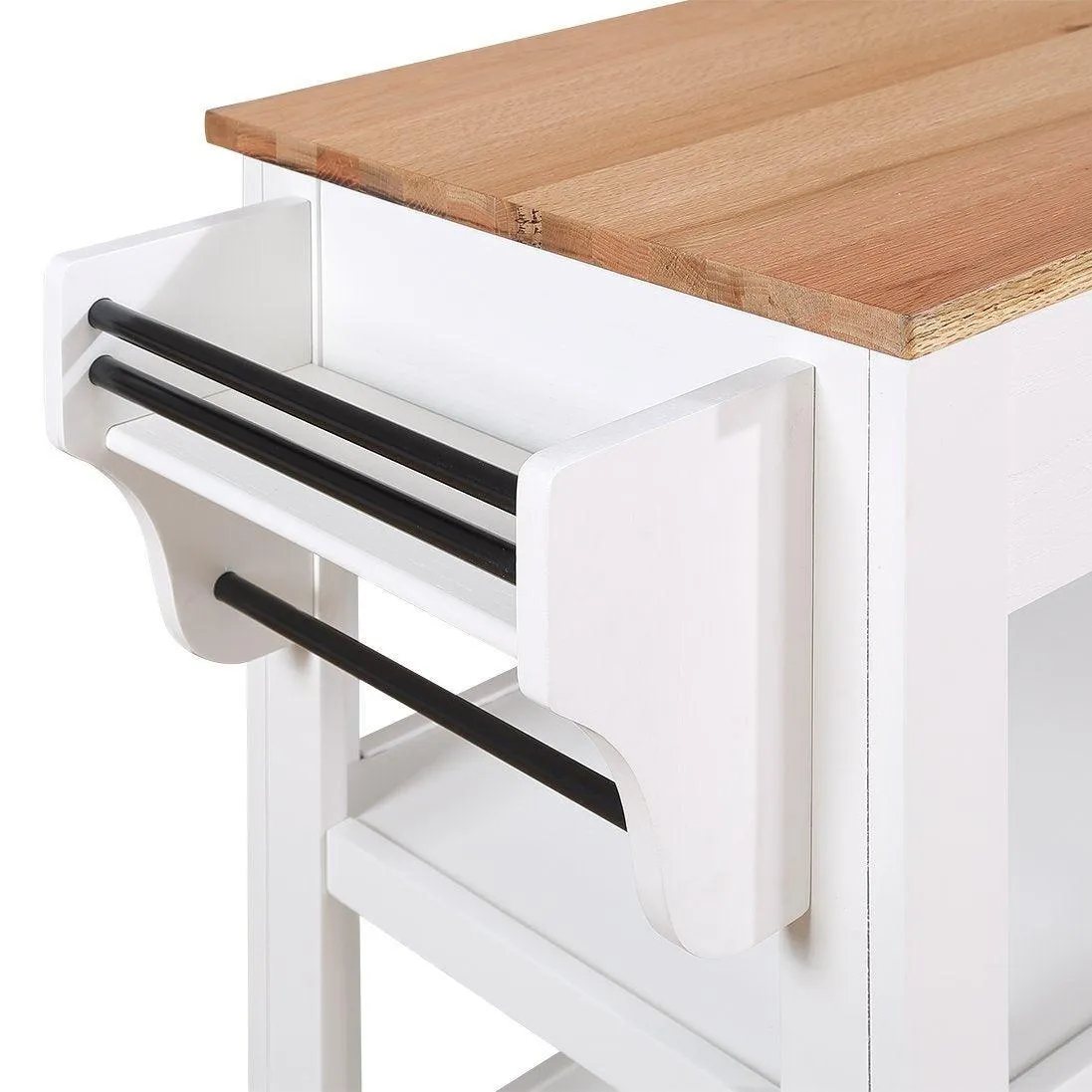 57" Rolling Kitchen Island with Oak Top, 2 Drawers, Wine & Spice Rack, Two-Sided, Milk White   Natural