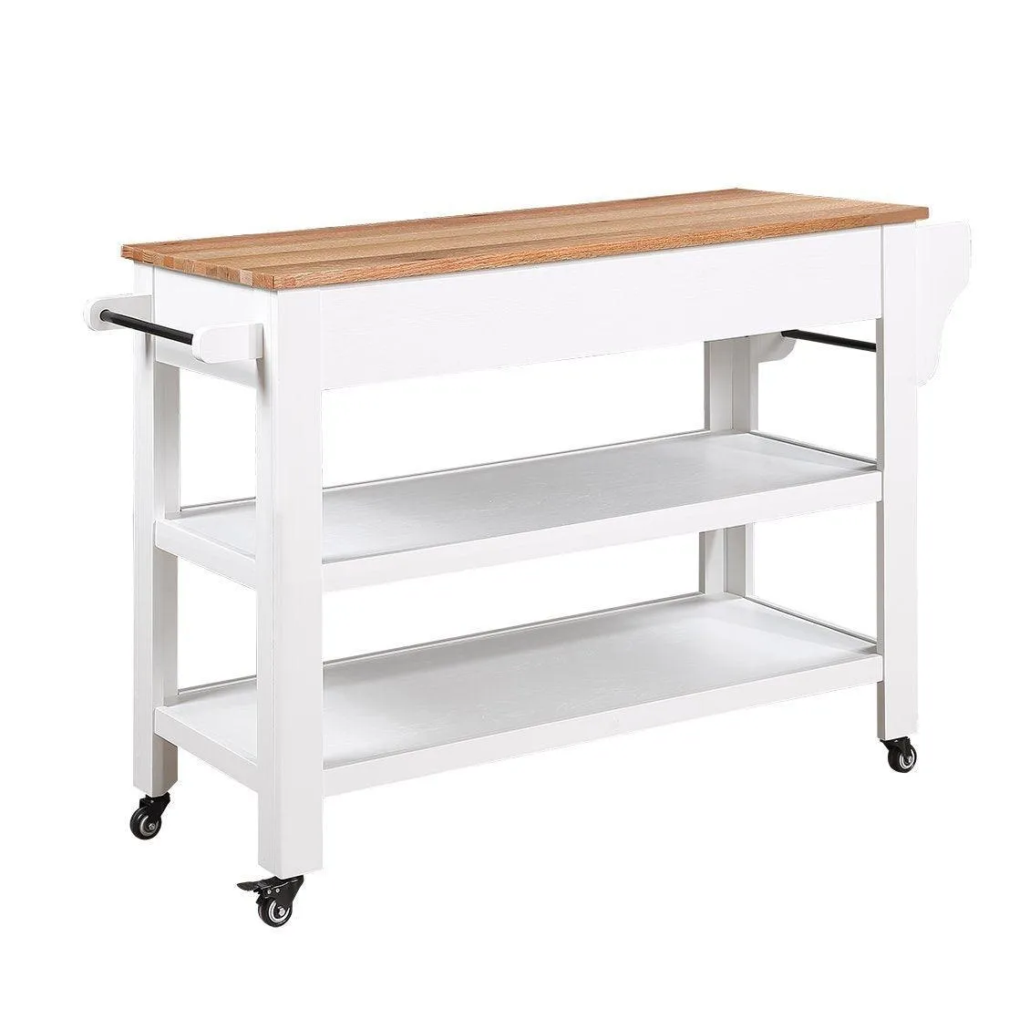 57" Rolling Kitchen Island with Oak Top, 2 Drawers, Wine & Spice Rack, Two-Sided, Milk White   Natural