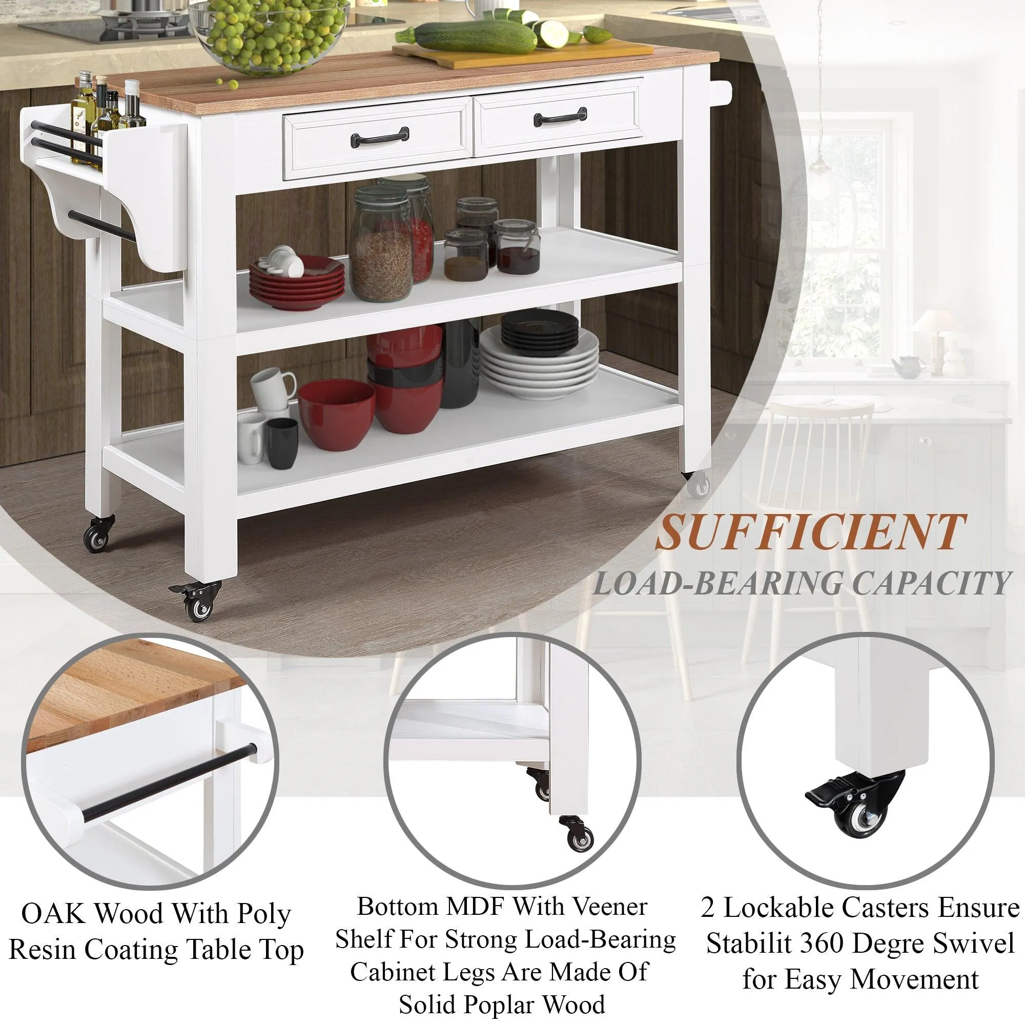 57" Rolling Kitchen Island with Oak Top, 2 Drawers, Wine & Spice Rack, Two-Sided, Milk White   Natural