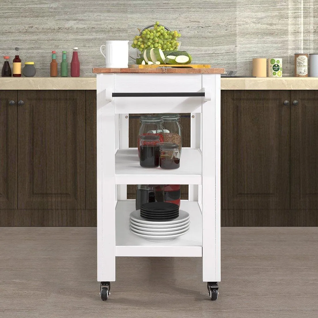 57" Rolling Kitchen Island with Oak Top, 2 Drawers, Wine & Spice Rack, Two-Sided, Milk White   Natural