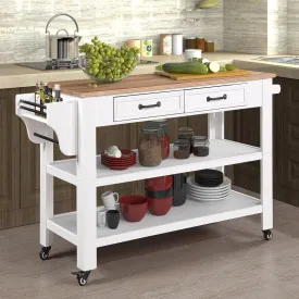 57" Rolling Kitchen Island with Oak Top, 2 Drawers, Wine & Spice Rack, Two-Sided, Milk White   Natural