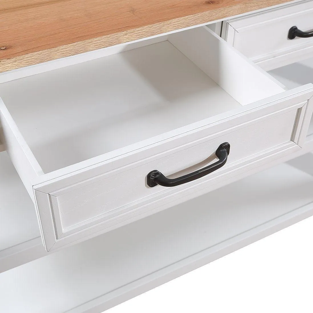 57" Rolling Kitchen Island with Oak Top, 2 Drawers, Wine & Spice Rack, Two-Sided, Milk White   Natural