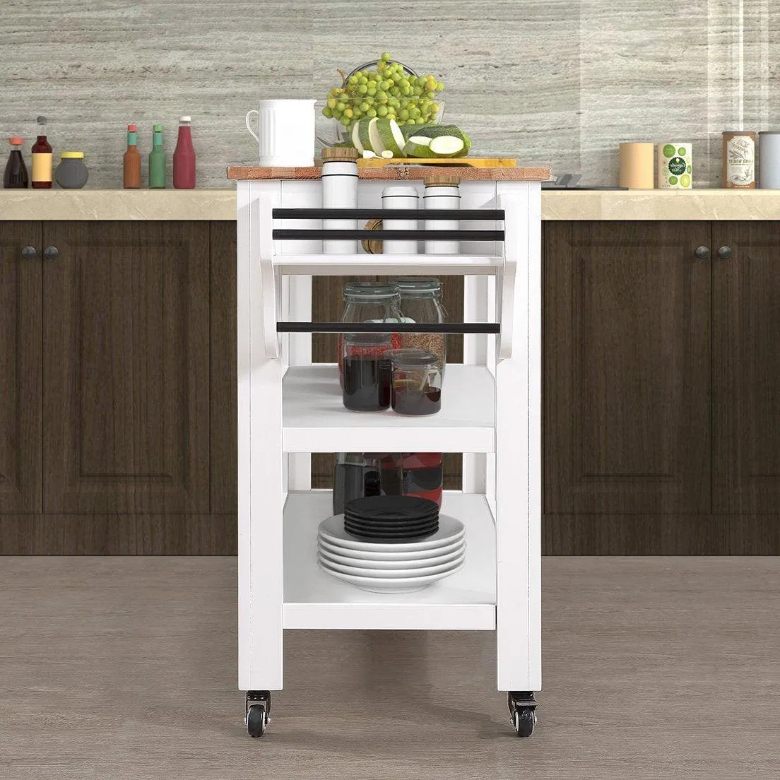 57" Rolling Kitchen Island with Oak Top, 2 Drawers, Wine & Spice Rack, Two-Sided, Milk White   Natural