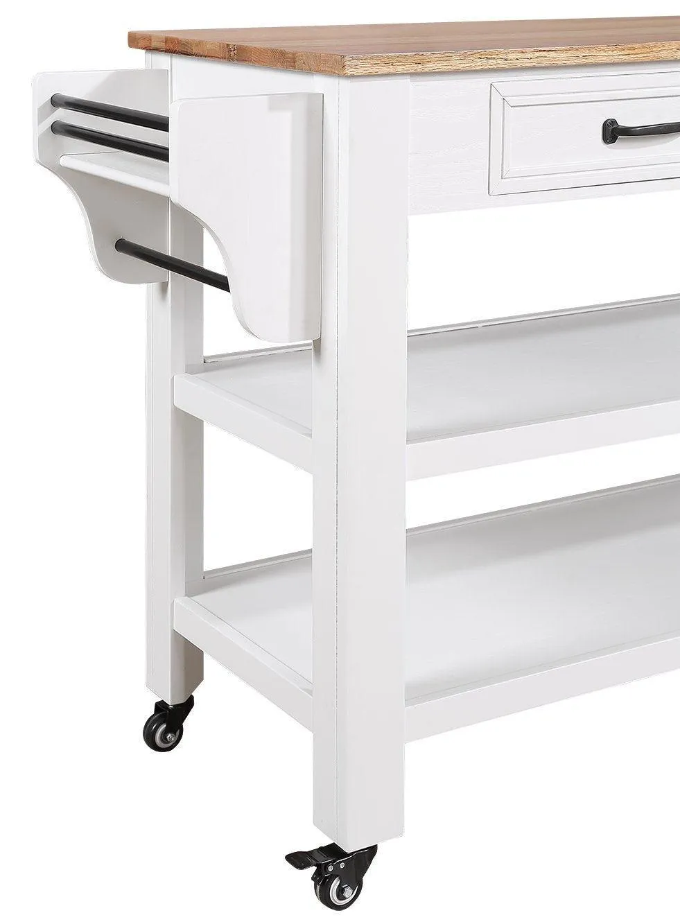 57" Rolling Kitchen Island with Oak Top, 2 Drawers, Wine & Spice Rack, Two-Sided, Milk White   Natural