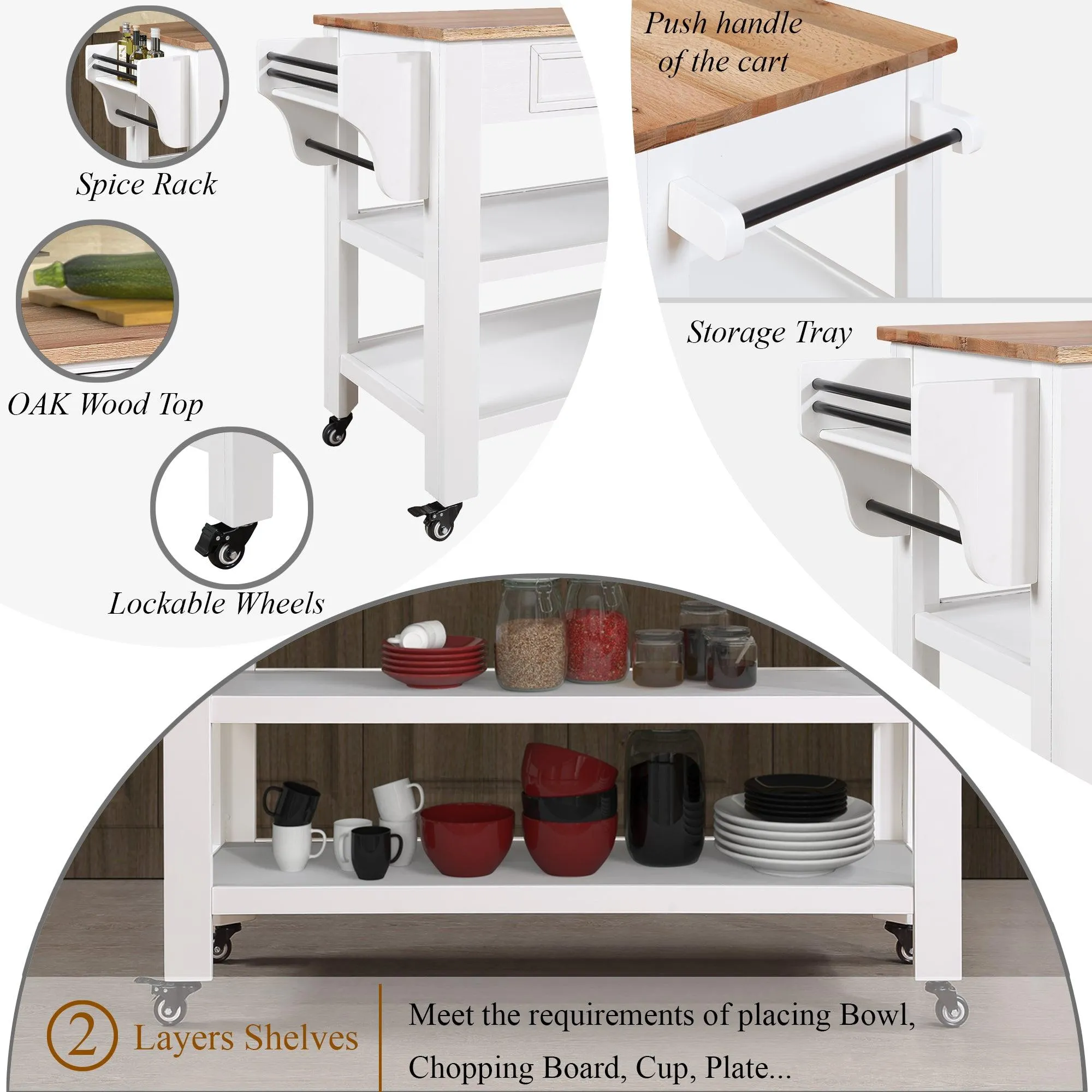 57" Rolling Kitchen Island with Oak Top, 2 Drawers, Wine & Spice Rack, Two-Sided, Milk White   Natural