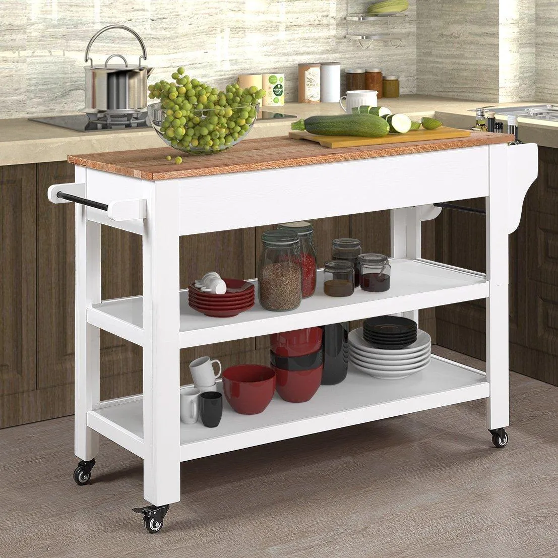 57" Rolling Kitchen Island with Oak Top, 2 Drawers, Wine & Spice Rack, Two-Sided, Milk White   Natural