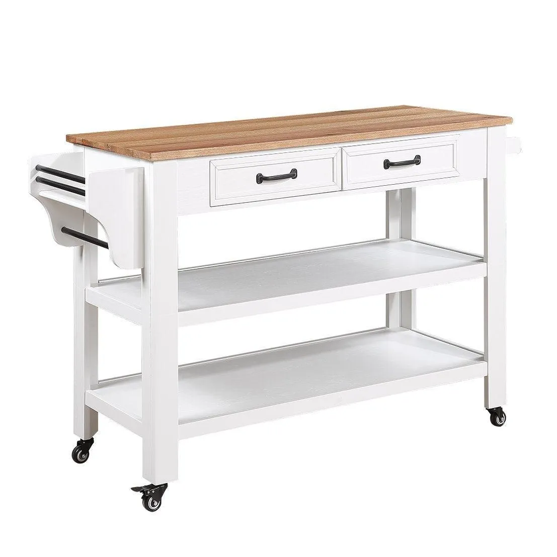 57" Rolling Kitchen Island with Oak Top, 2 Drawers, Wine & Spice Rack, Two-Sided, Milk White   Natural