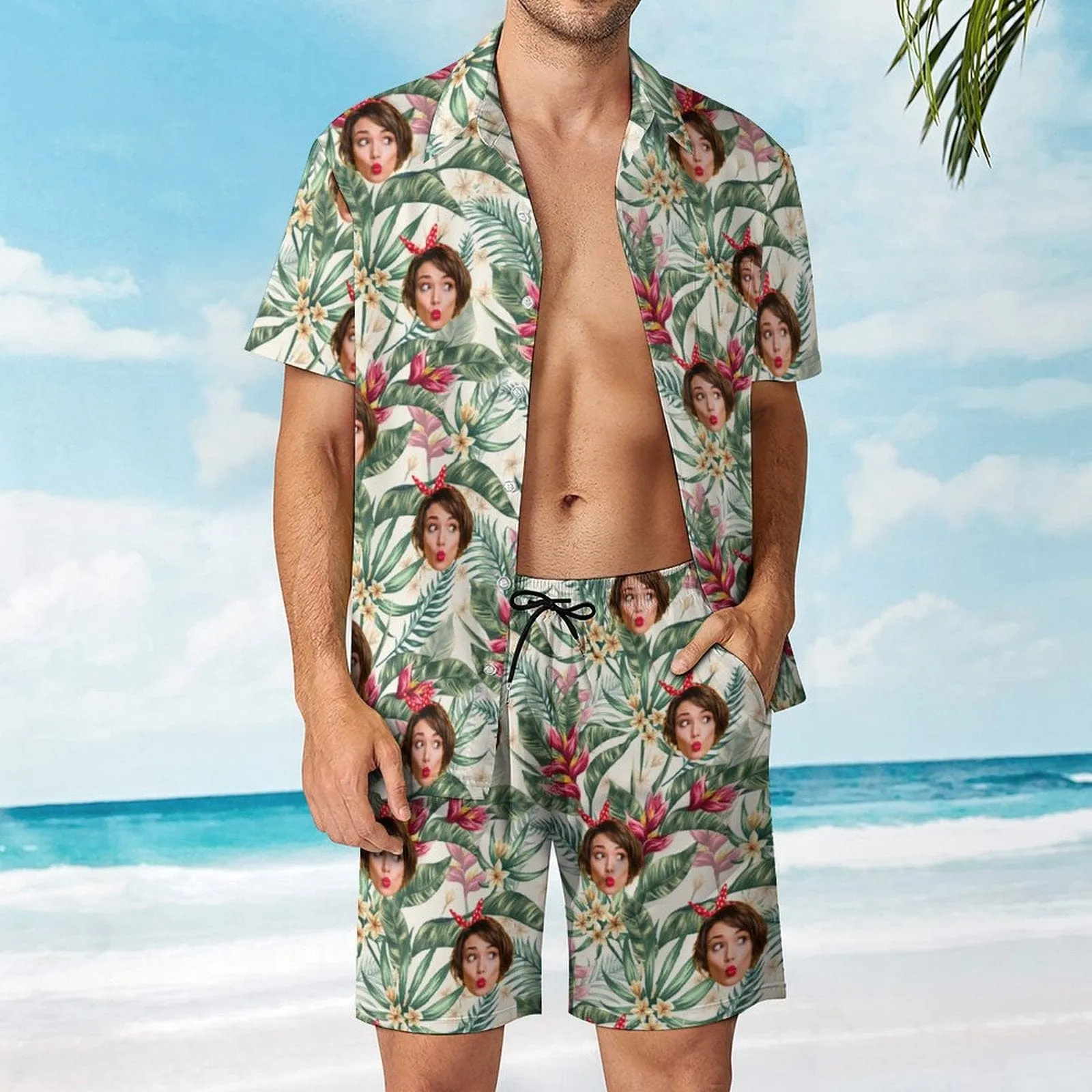 9 Styles Custom Face on Hawaiian Set Tropical Leaves Style Beach Holiday Hawaiian Shirt & Summer Shorts Set