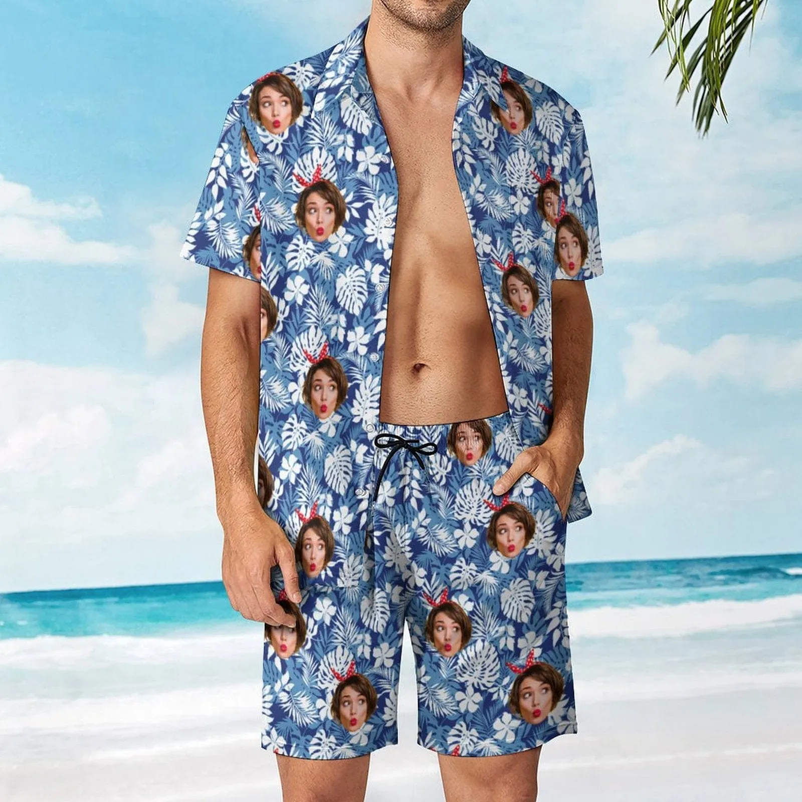 9 Styles Custom Face on Hawaiian Set Tropical Leaves Style Beach Holiday Hawaiian Shirt & Summer Shorts Set