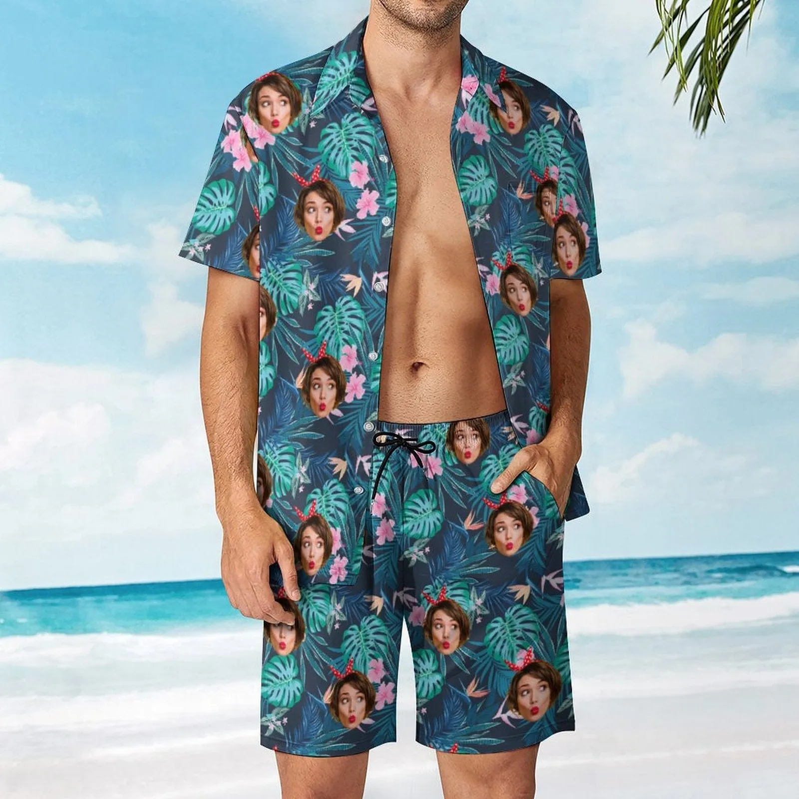 9 Styles Custom Face on Hawaiian Set Tropical Leaves Style Beach Holiday Hawaiian Shirt & Summer Shorts Set