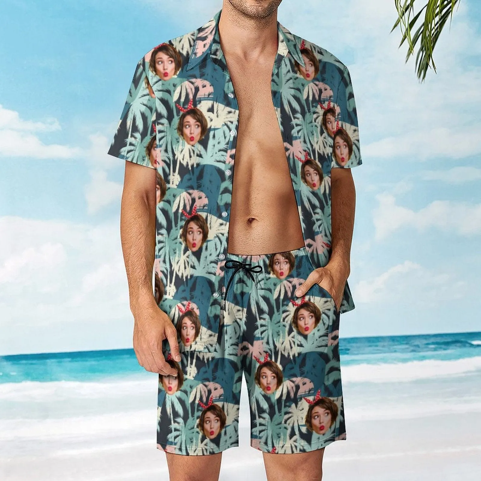 9 Styles Custom Face on Hawaiian Set Tropical Leaves Style Beach Holiday Hawaiian Shirt & Summer Shorts Set