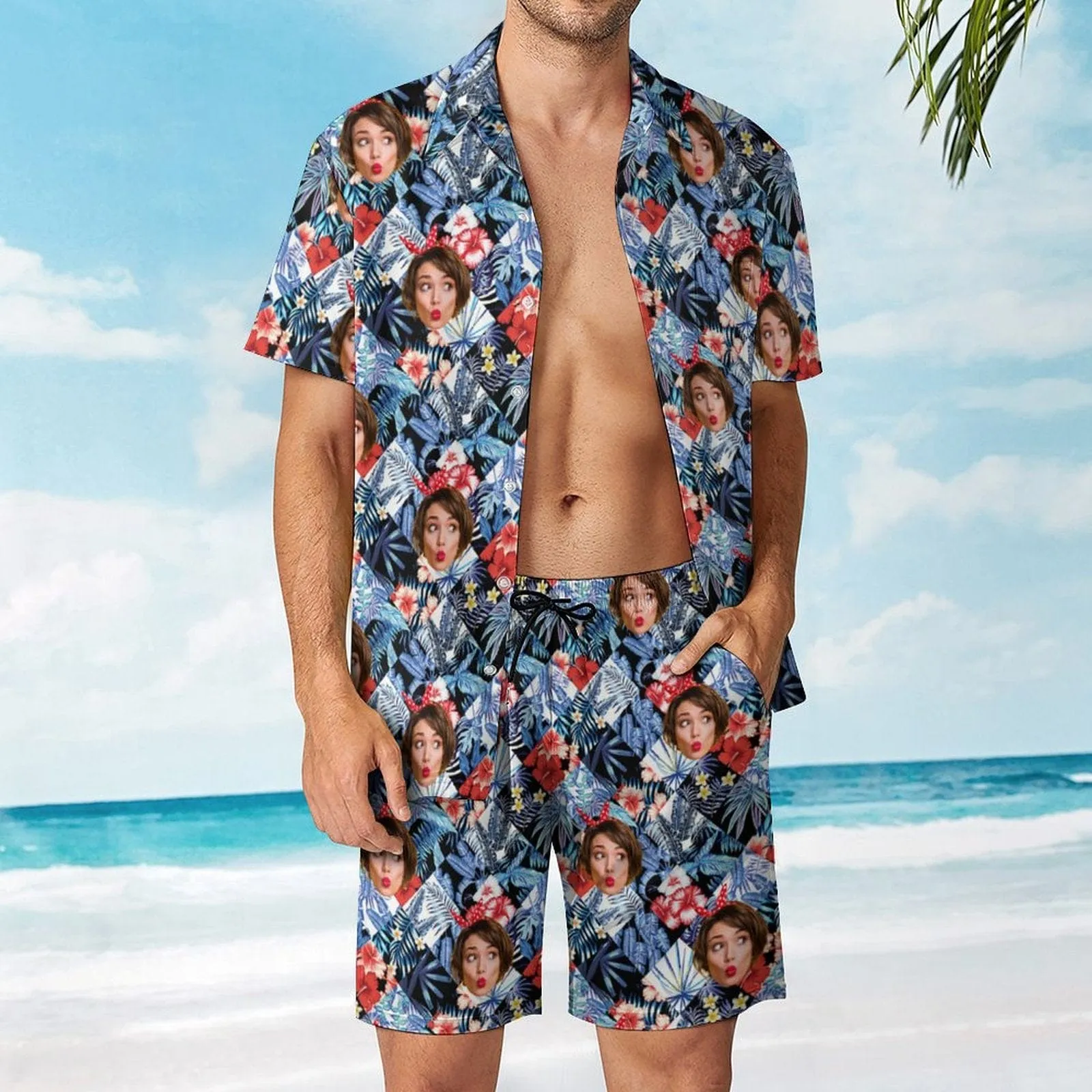 9 Styles Custom Face on Hawaiian Set Tropical Leaves Style Beach Holiday Hawaiian Shirt & Summer Shorts Set