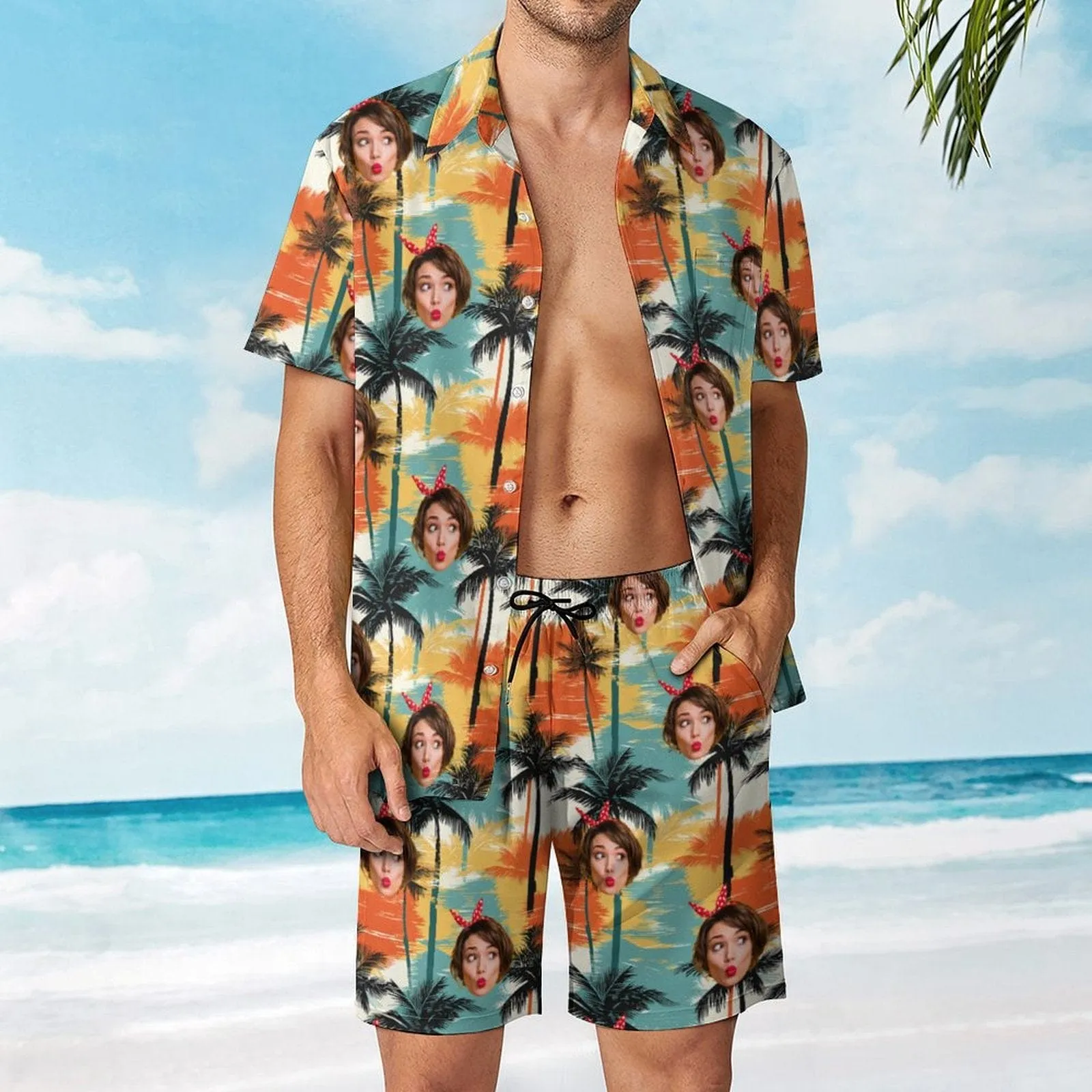 9 Styles Custom Face on Hawaiian Set Tropical Leaves Style Beach Holiday Hawaiian Shirt & Summer Shorts Set