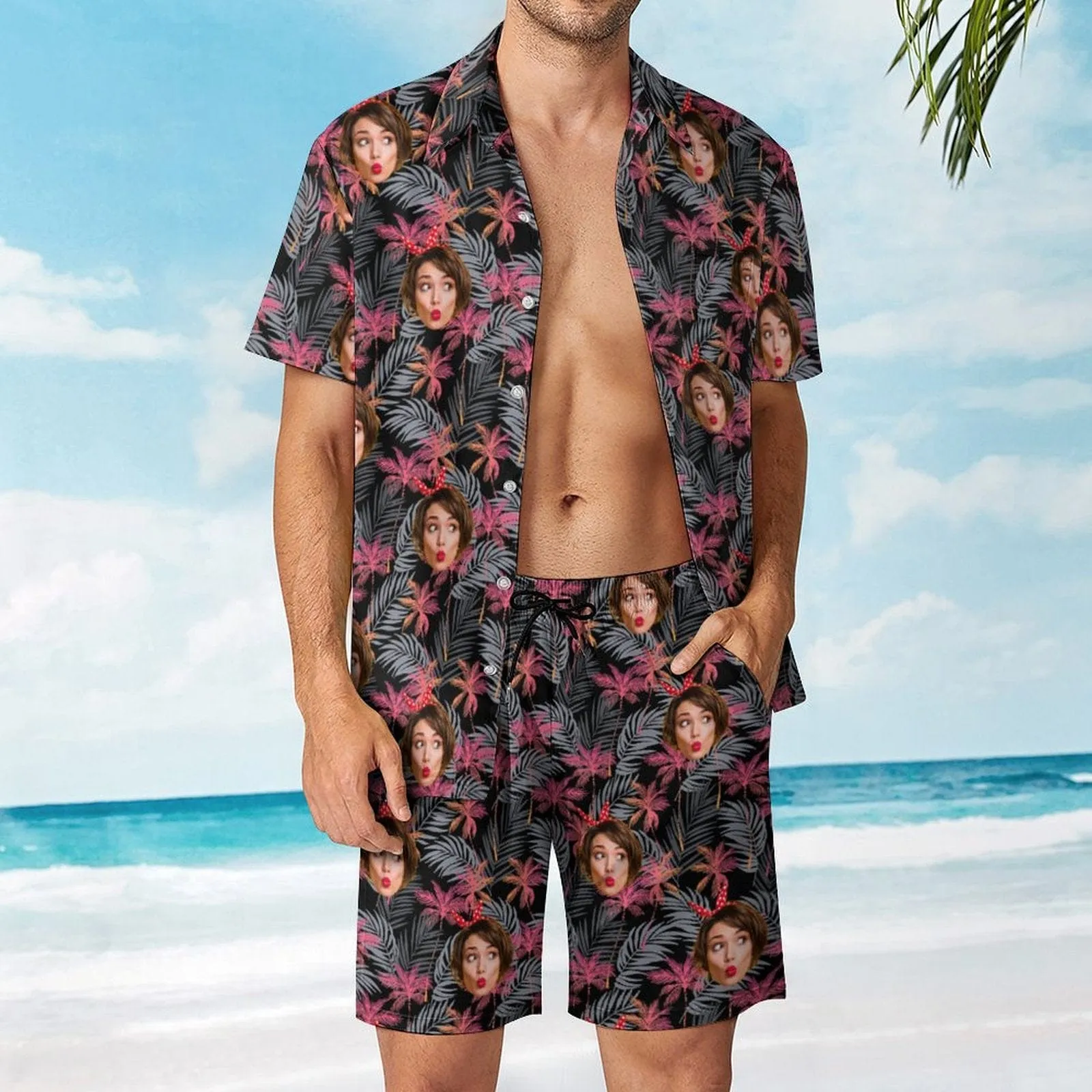 9 Styles Custom Face on Hawaiian Set Tropical Leaves Style Beach Holiday Hawaiian Shirt & Summer Shorts Set