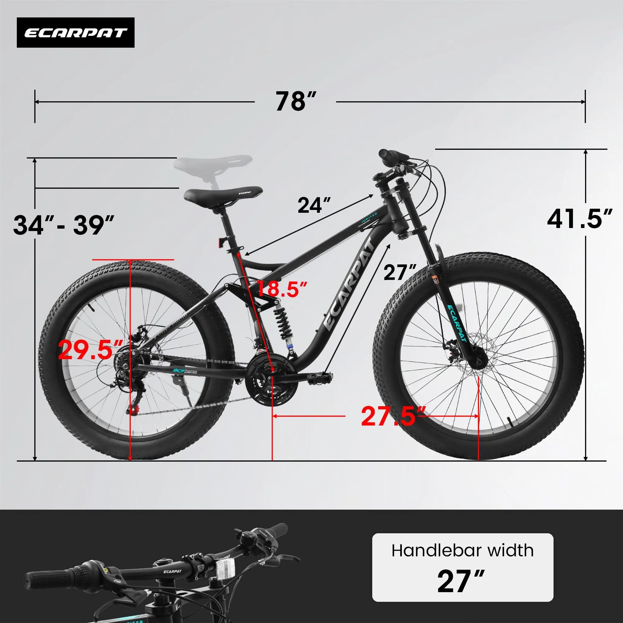 A26309 26 inch Mountain Bike,Full-Suspension 21 Speeds Drivetrain with Disc-Brake MTB Bicycle, 26*4" Fat tire Bike for Men