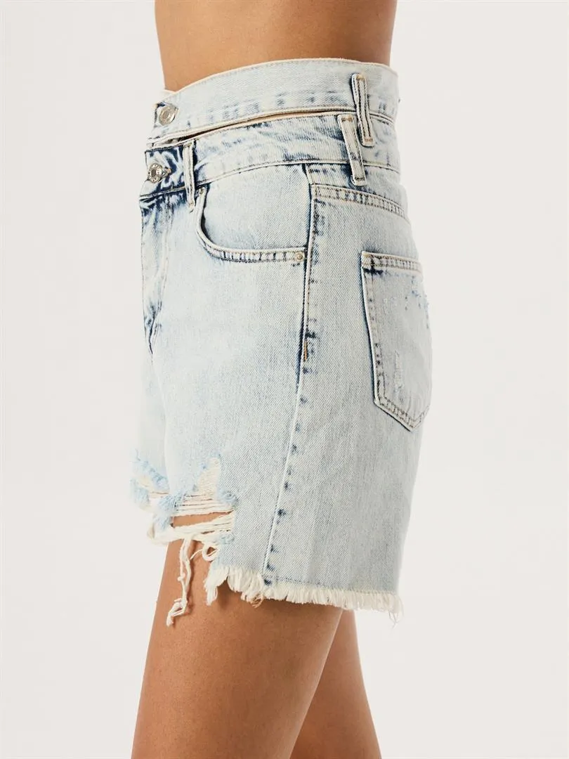 Aged Denim Shorts with Double Waist Belt - Light Indigo