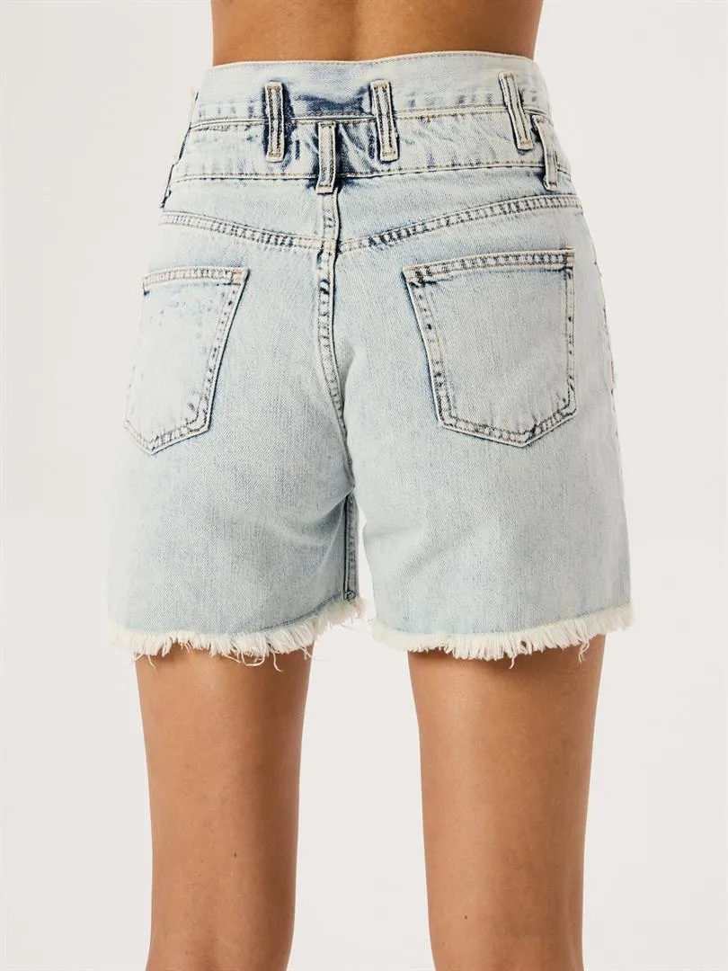 Aged Denim Shorts with Double Waist Belt - Light Indigo